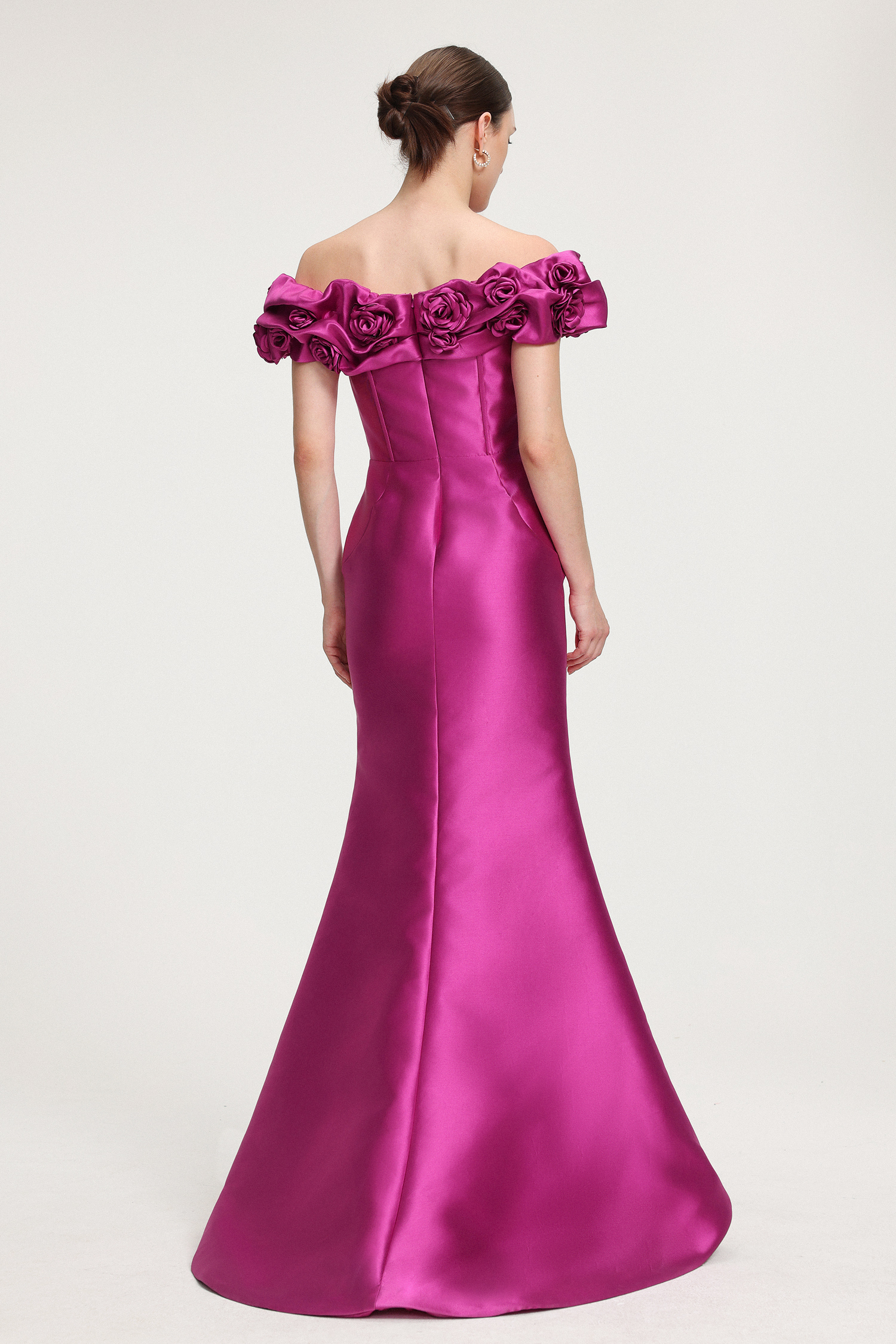 Rose-Embellished Satin Off-Shoulder Maxi Dress