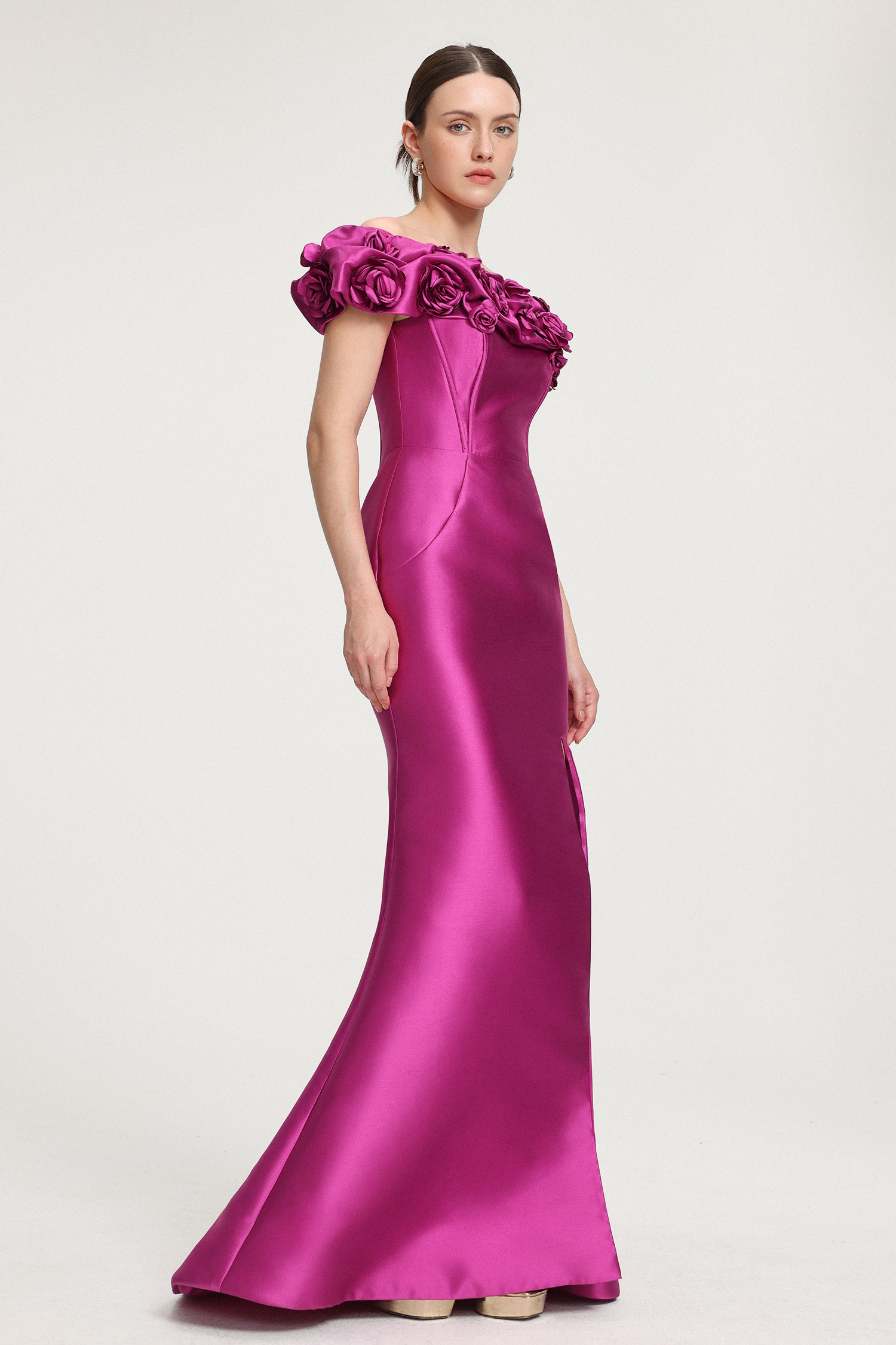 Rose-Embellished Satin Off-Shoulder Maxi Dress