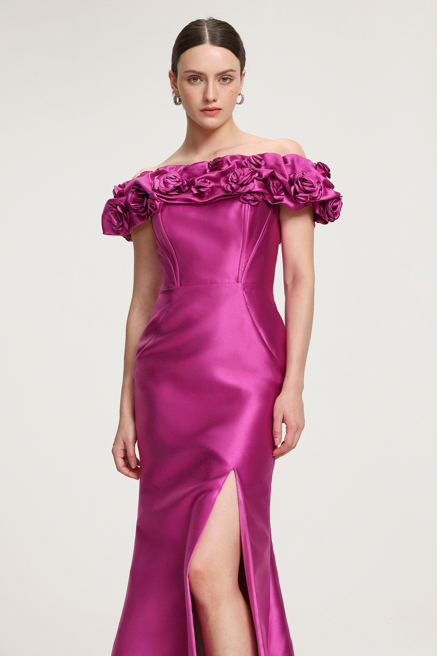 Rose-Embellished Satin Off-Shoulder Maxi Dress