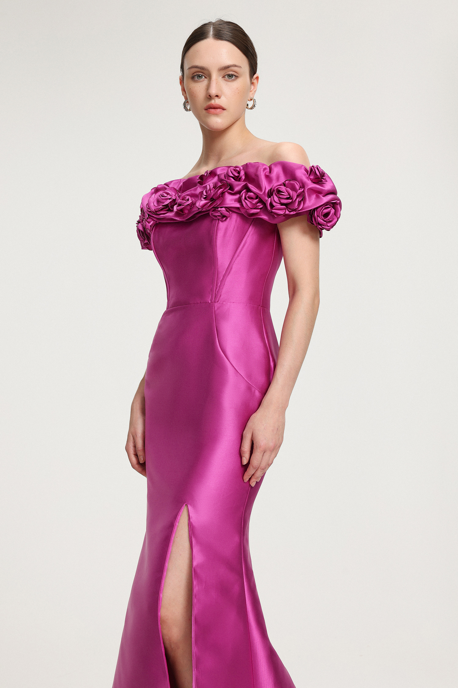 Rose-Embellished Satin Off-Shoulder Maxi Dress