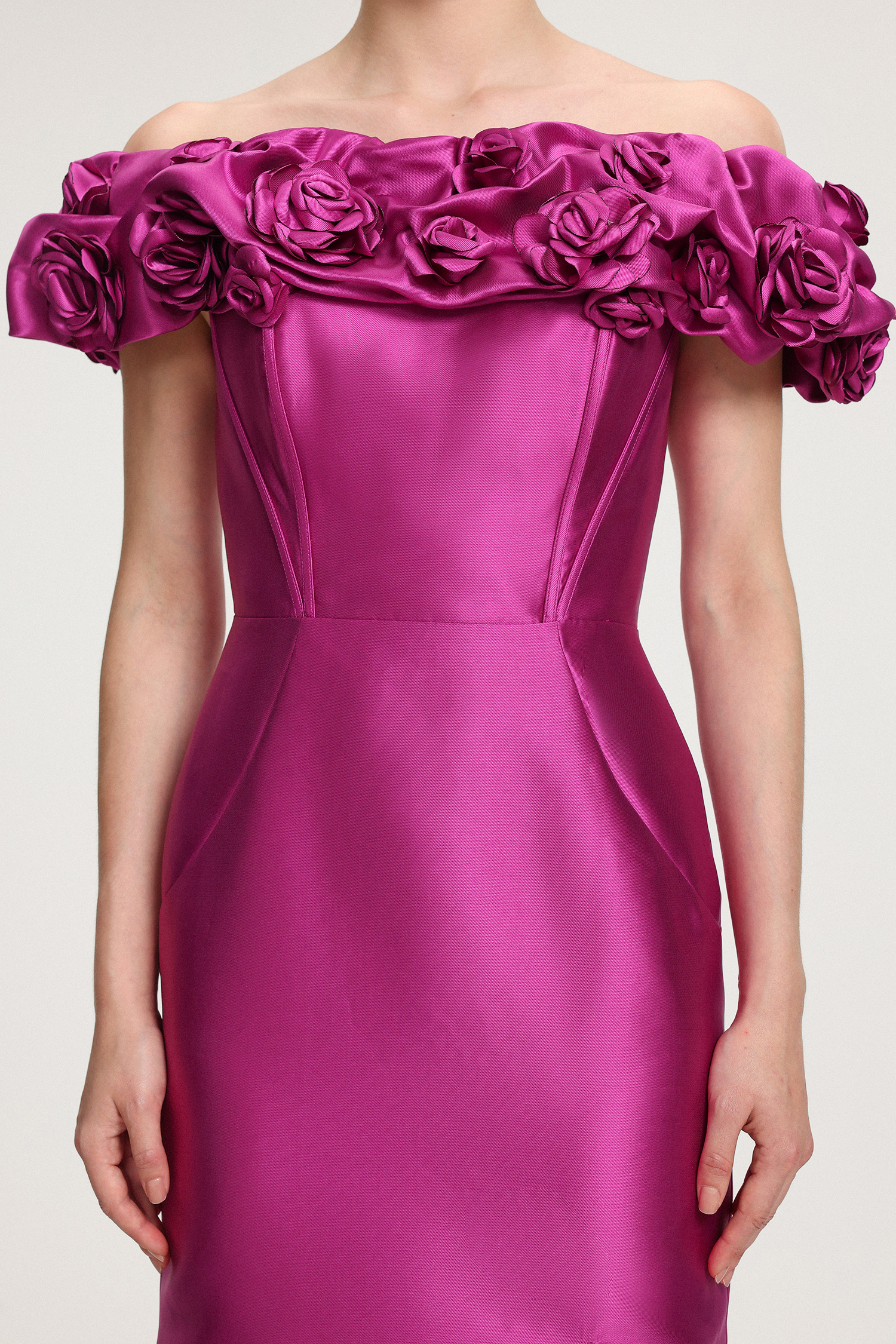 Rose-Embellished Satin Off-Shoulder Maxi Dress