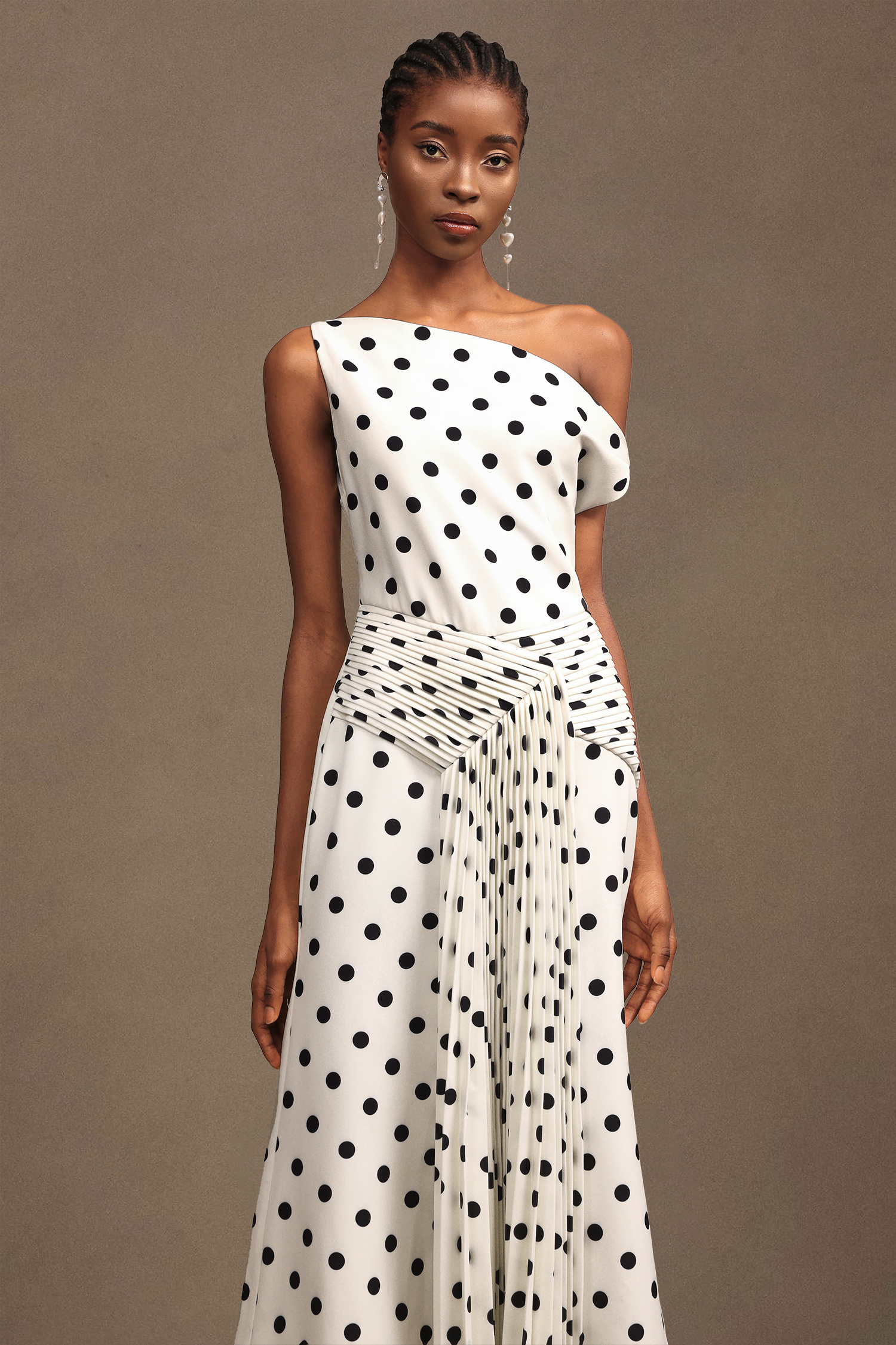 Hutuny Polka Dot One Shoulder Fold Maxi Dress