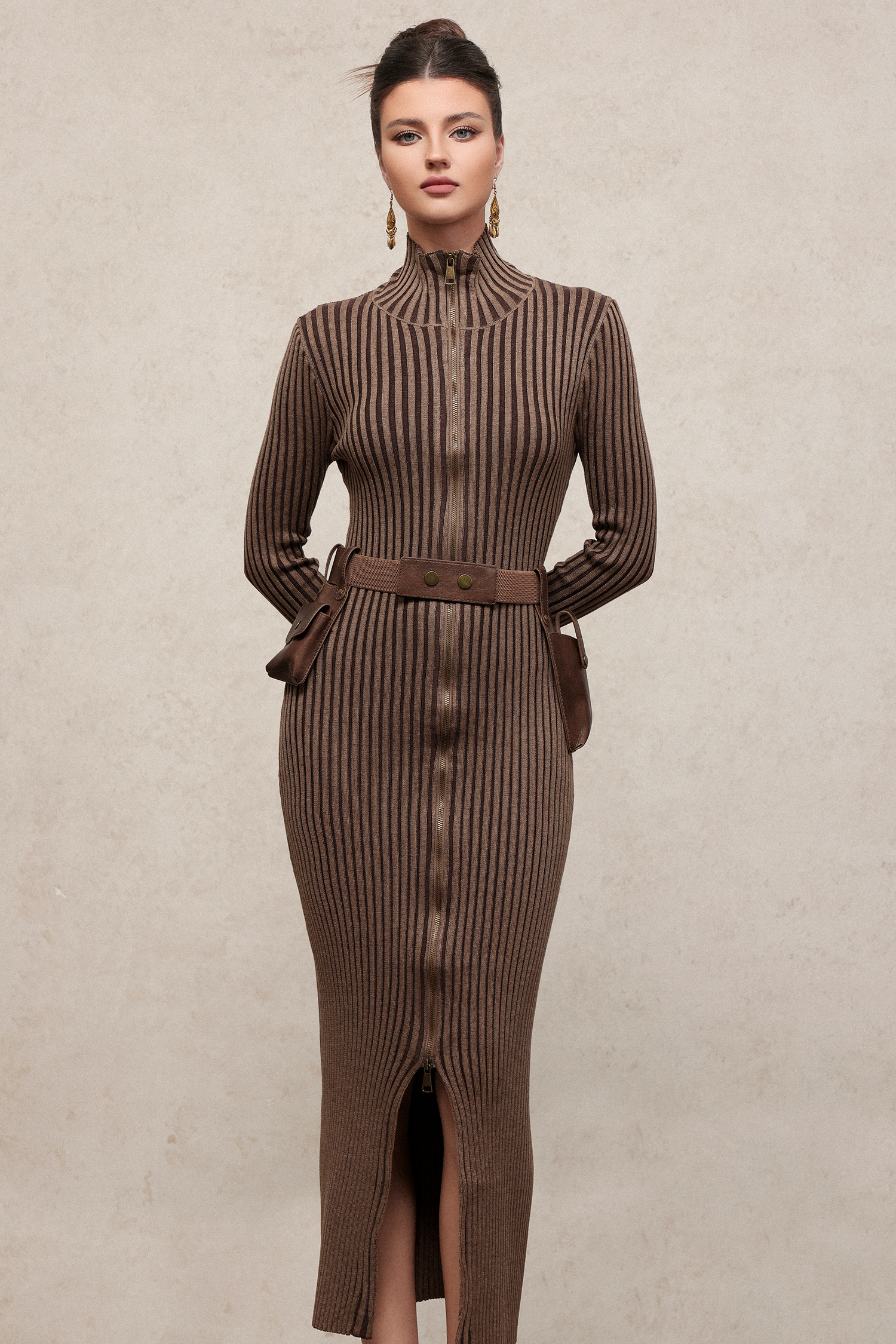 Doda Edgy Contour Long Sleeve Knit Maxi Dress