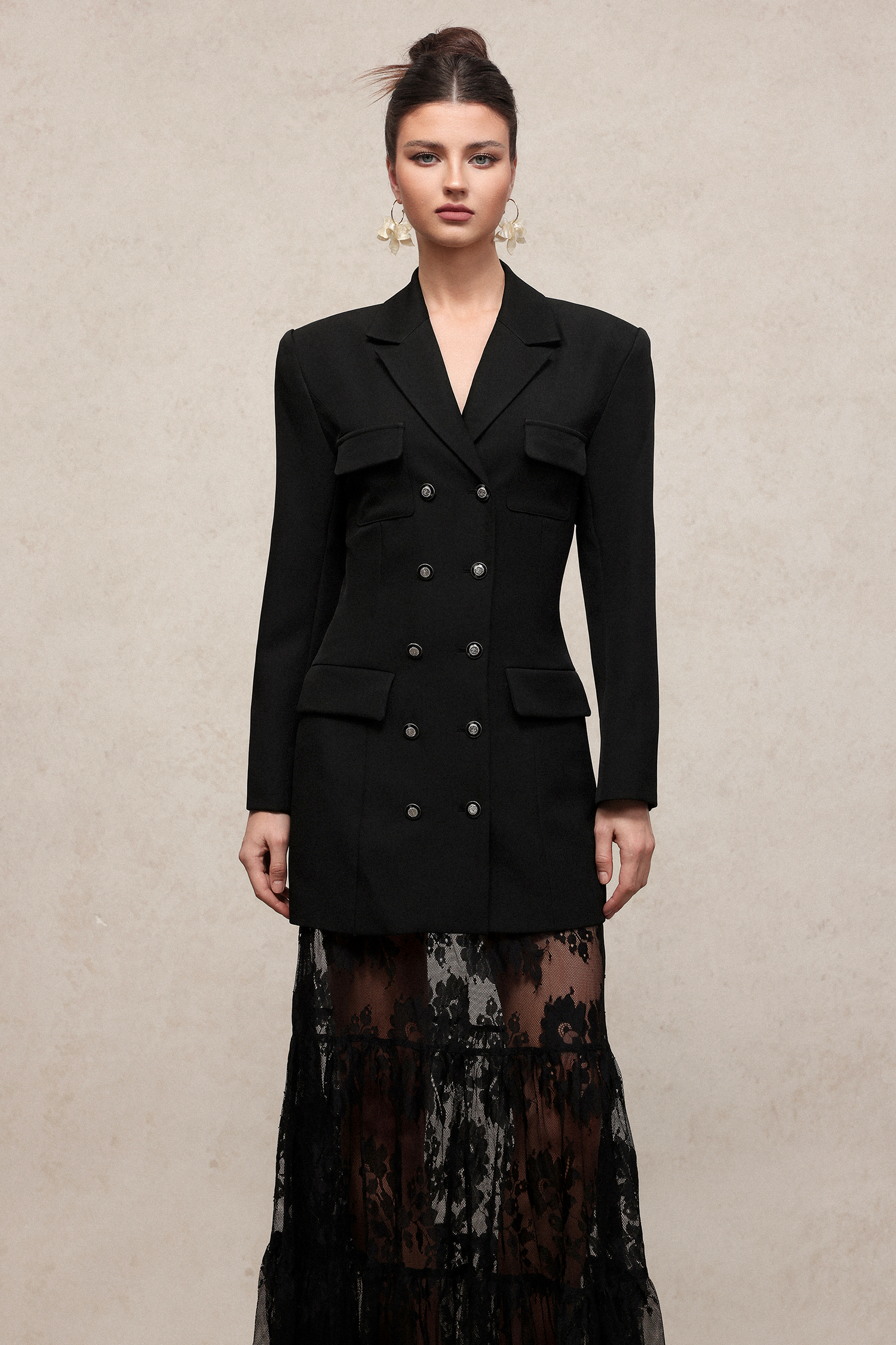 Josie Elegant Tailored Long Sleeve Lace Woven Top And Skirt Two-Piece Set