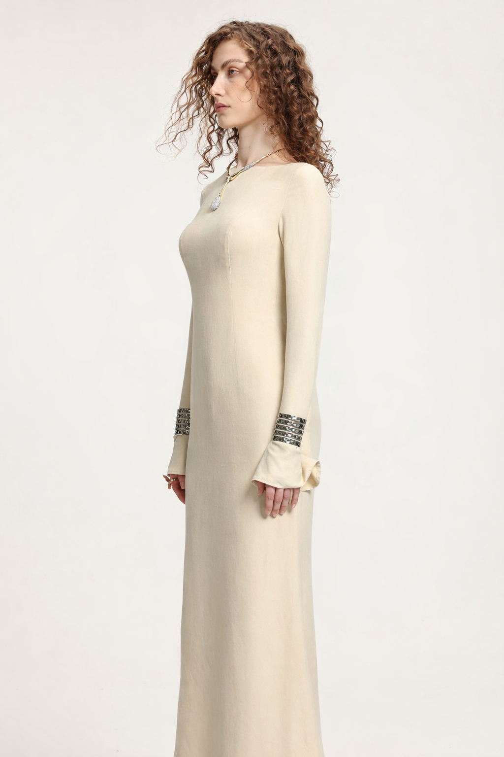 Cream Boat Neck Long-Sleeve Gown