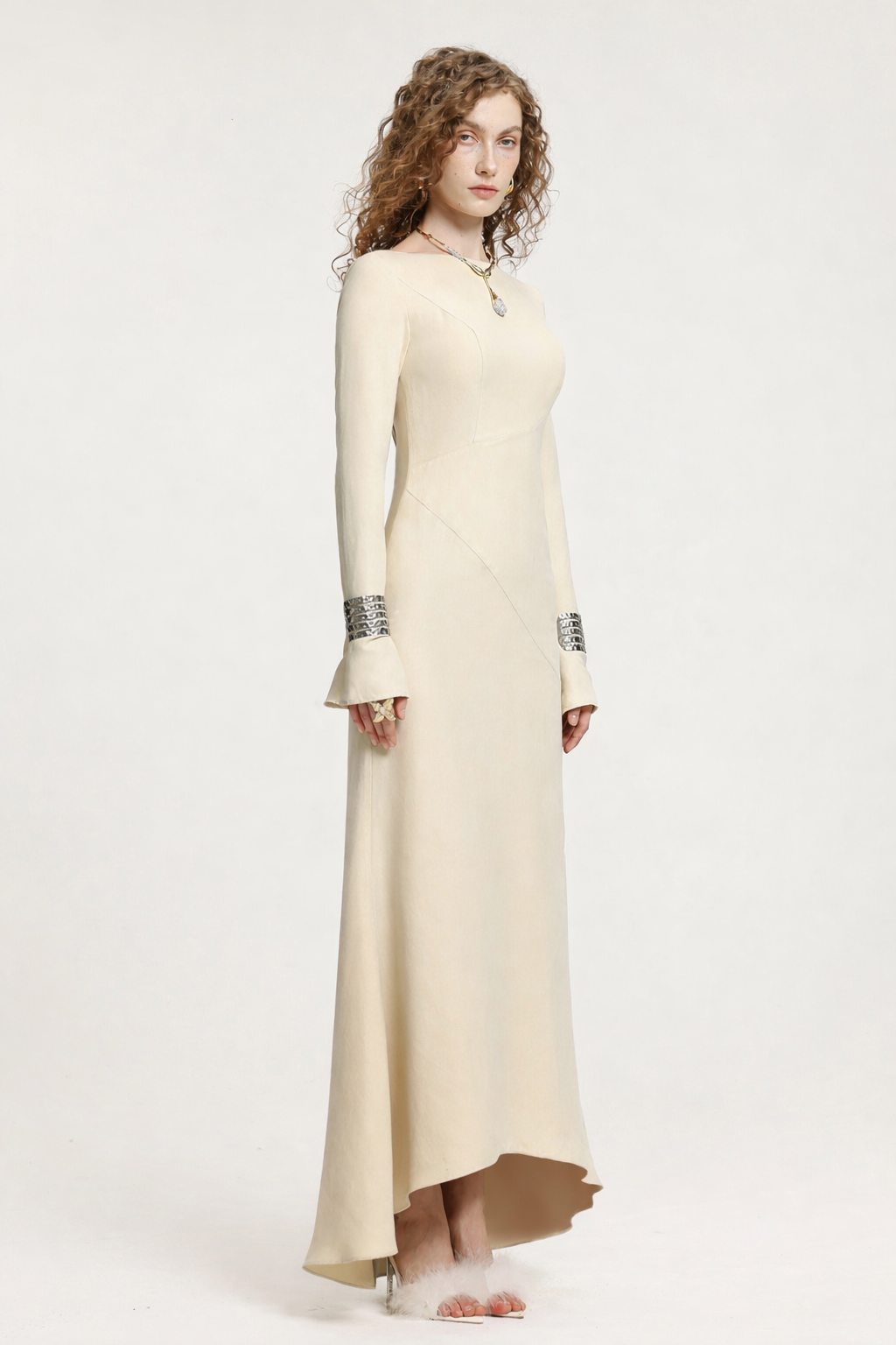 Cream Boat Neck Long-Sleeve Gown