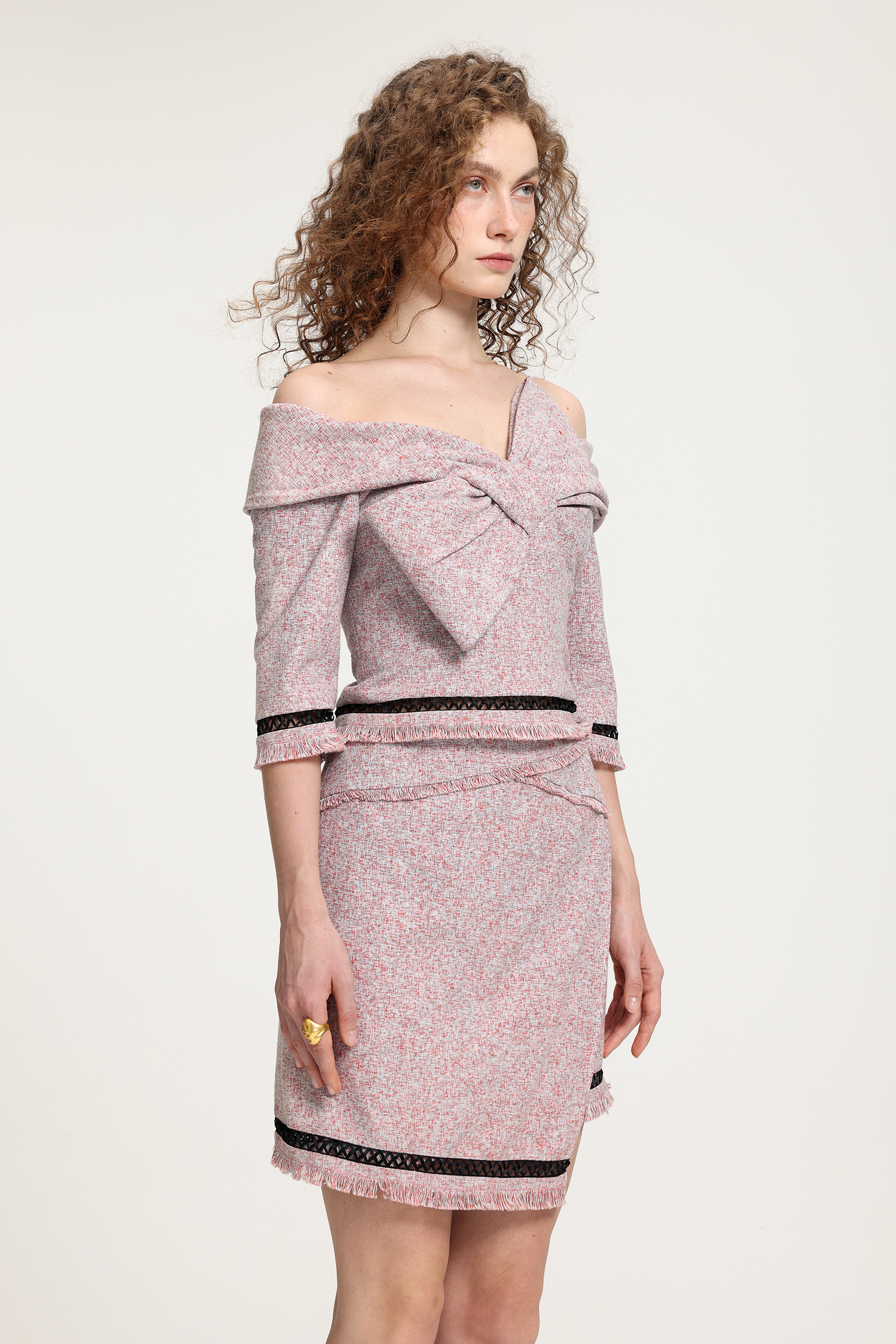 Open-shoulder Tweed With Striking Bow Dress