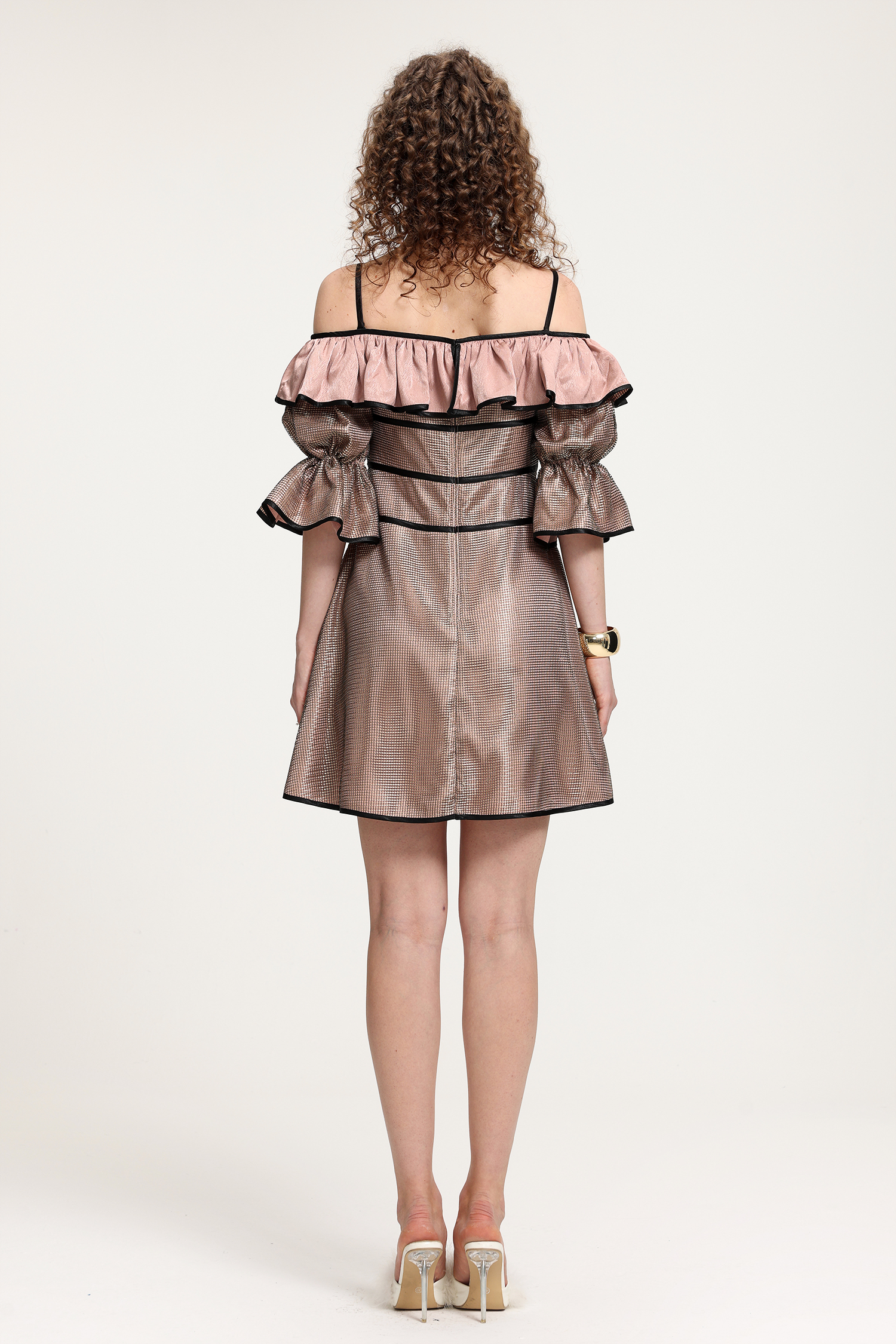 Off-Shoulder Ruffled Metallic Dress