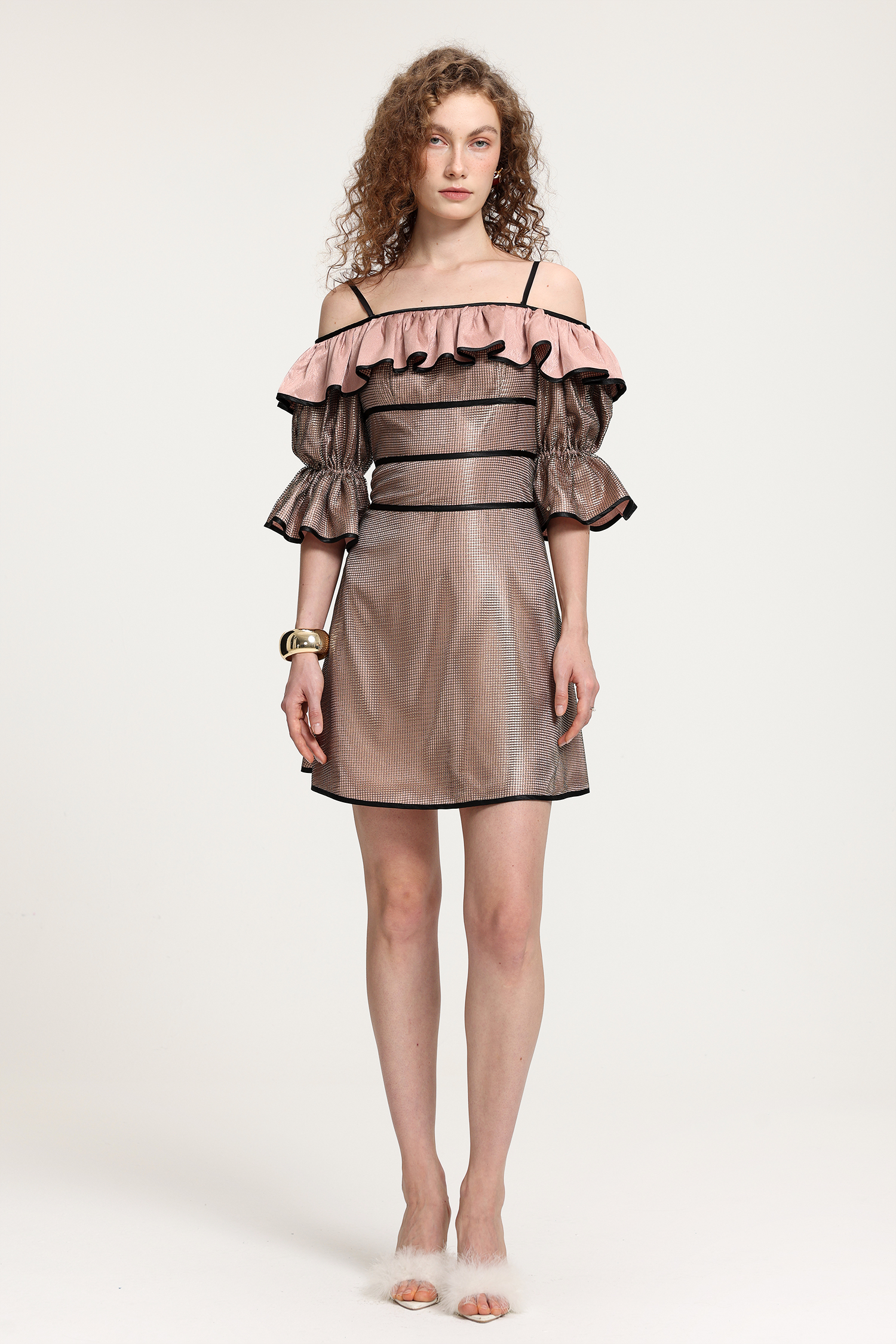 Off-Shoulder Ruffled Metallic Dress
