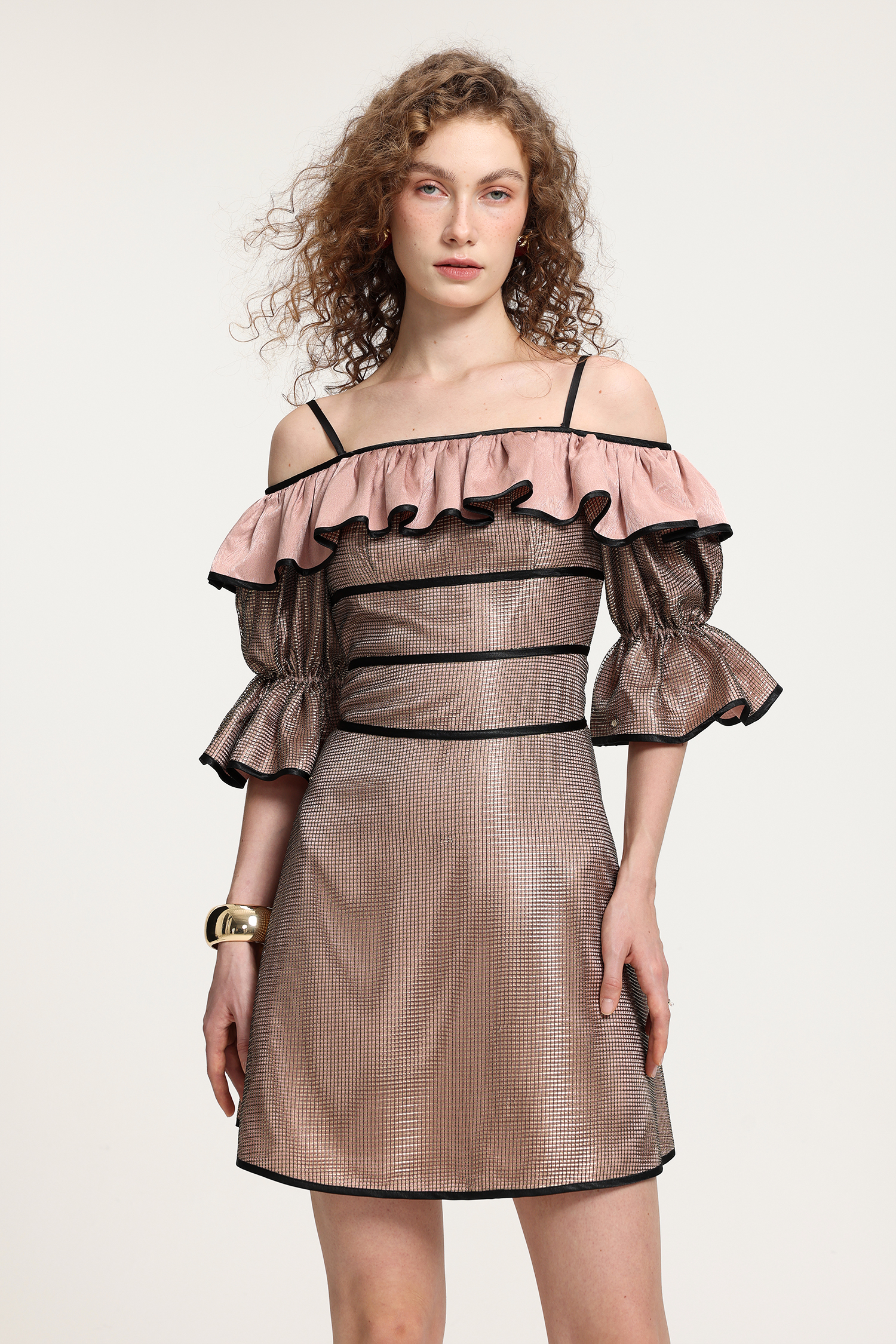 Off-Shoulder Ruffled Metallic Dress