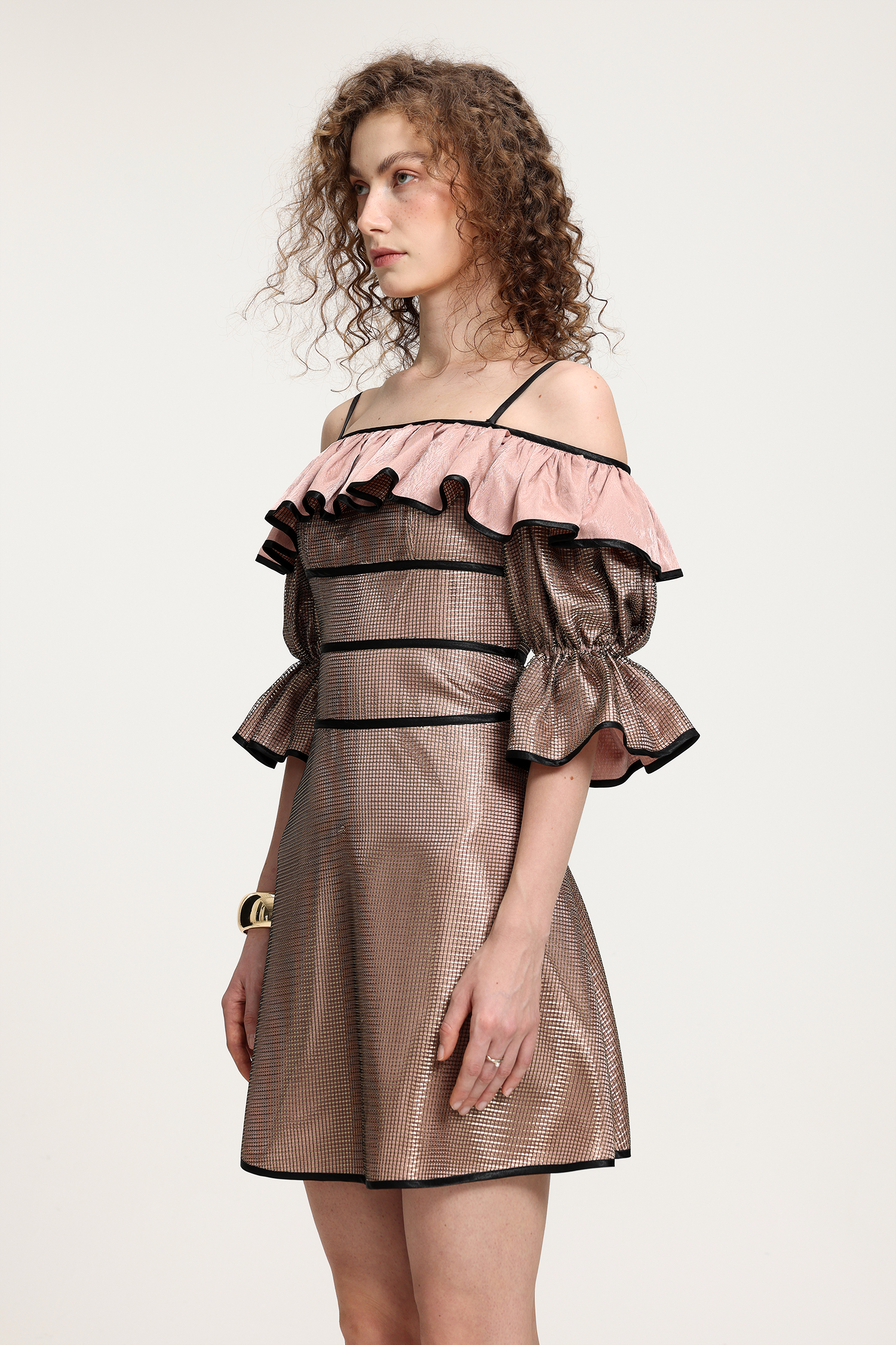 Off-Shoulder Ruffled Metallic Dress