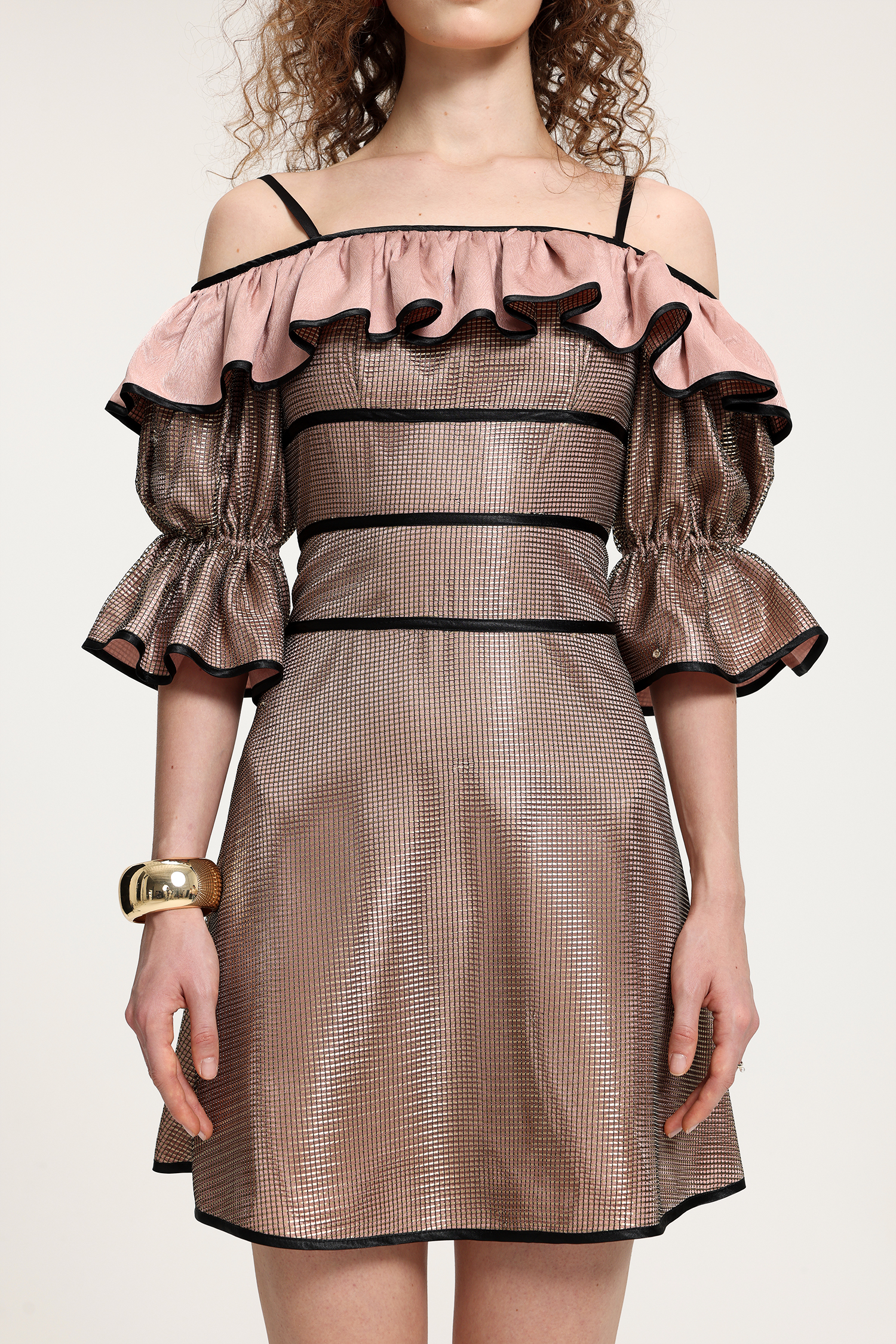 Off-Shoulder Ruffled Metallic Dress
