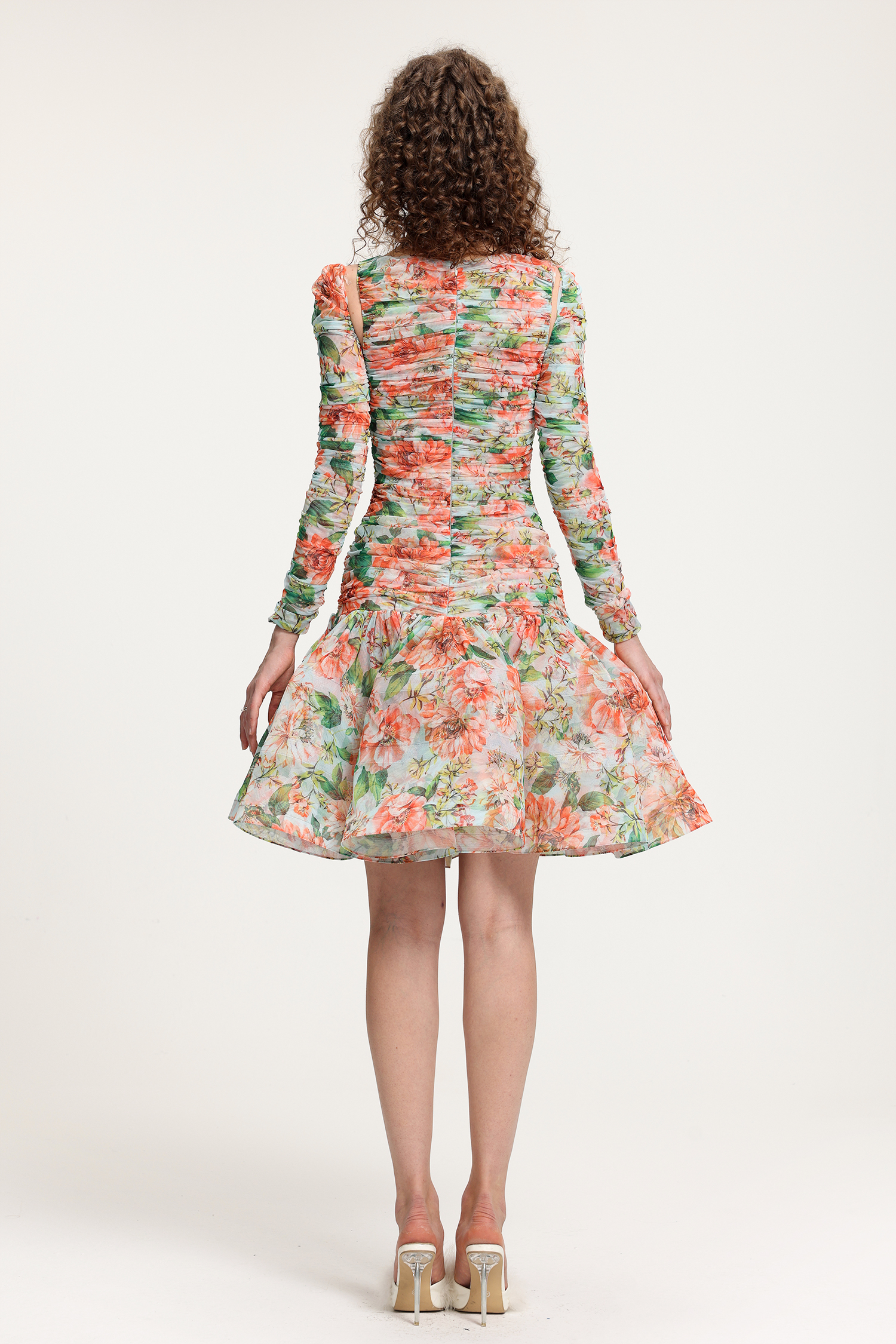 Ruffled Floral Gauze Long Sleeve, Hose Hair Structure All-Match Skirt