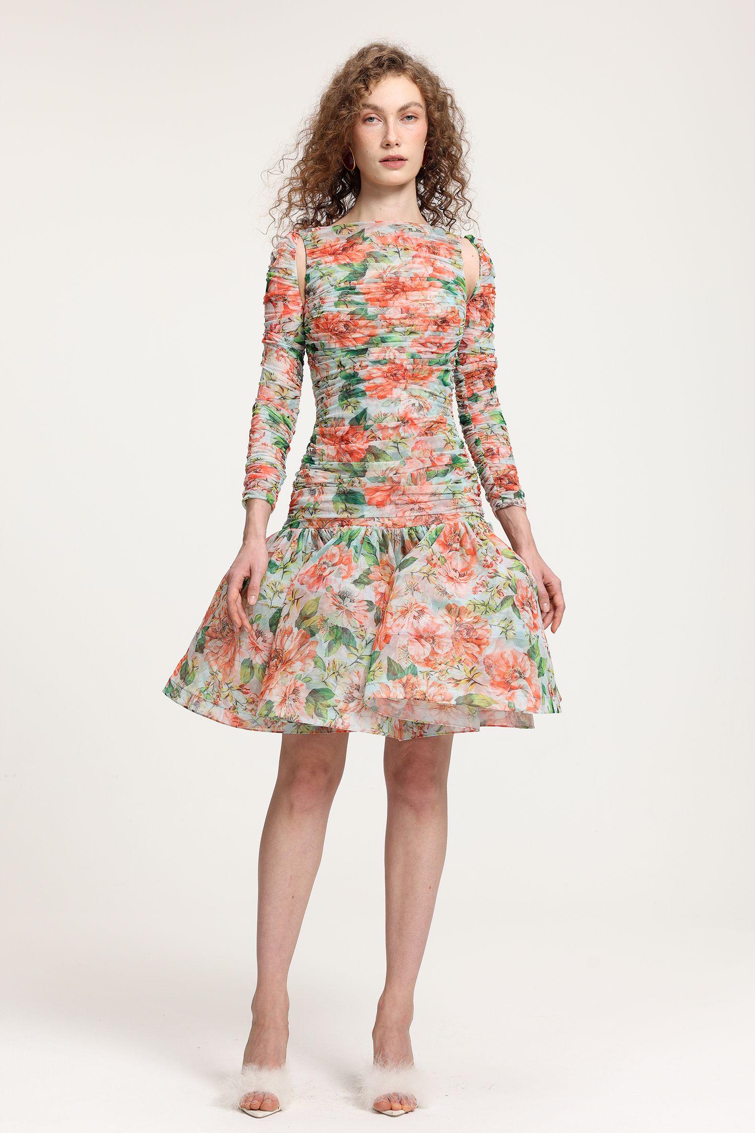 Ruffled Floral Gauze Long Sleeve, Hose Hair Structure All-Match Skirt