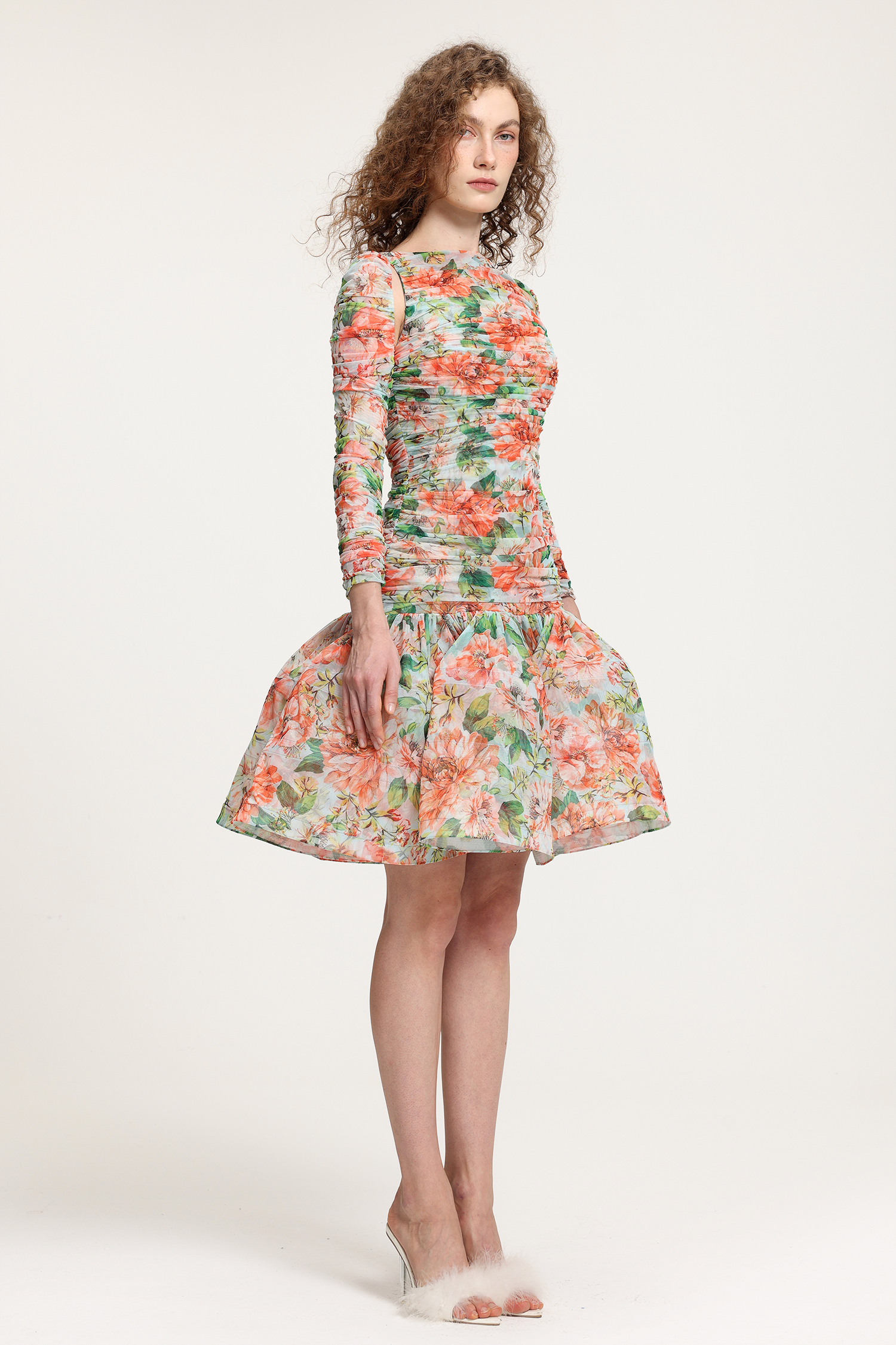 Ruffled Floral Gauze Long Sleeve, Hose Hair Structure All-Match Skirt