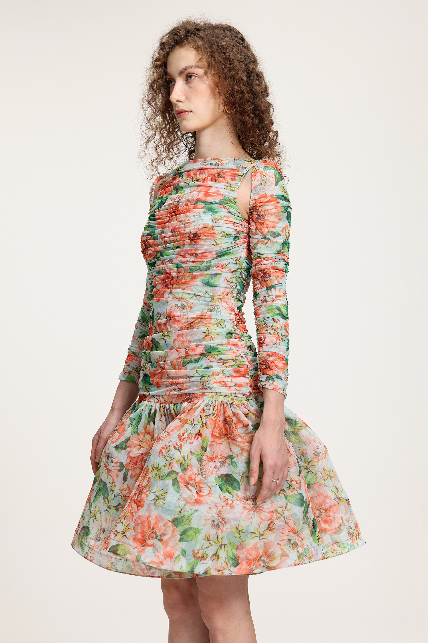 Ruffled Floral Gauze Long Sleeve, Hose Hair Structure All-Match Skirt