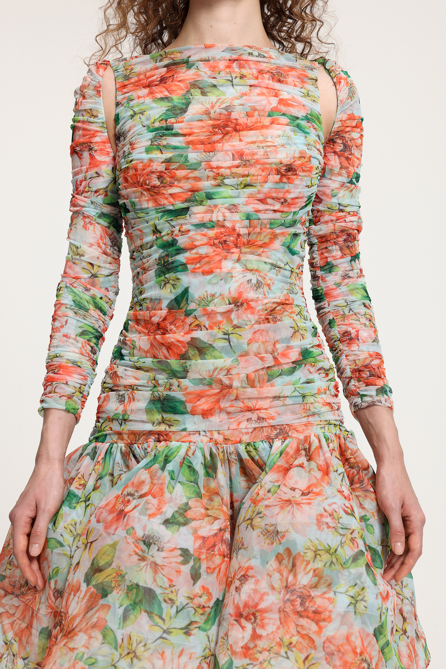 Ruffled Floral Gauze Long Sleeve, Hose Hair Structure All-Match Skirt