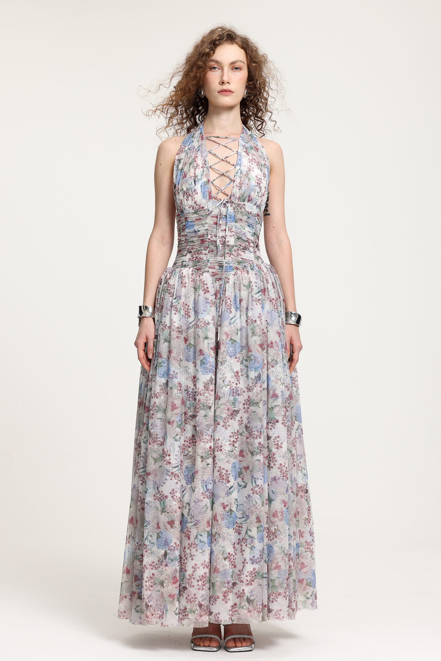 Lace-Up Halter Floral Tulle Gown