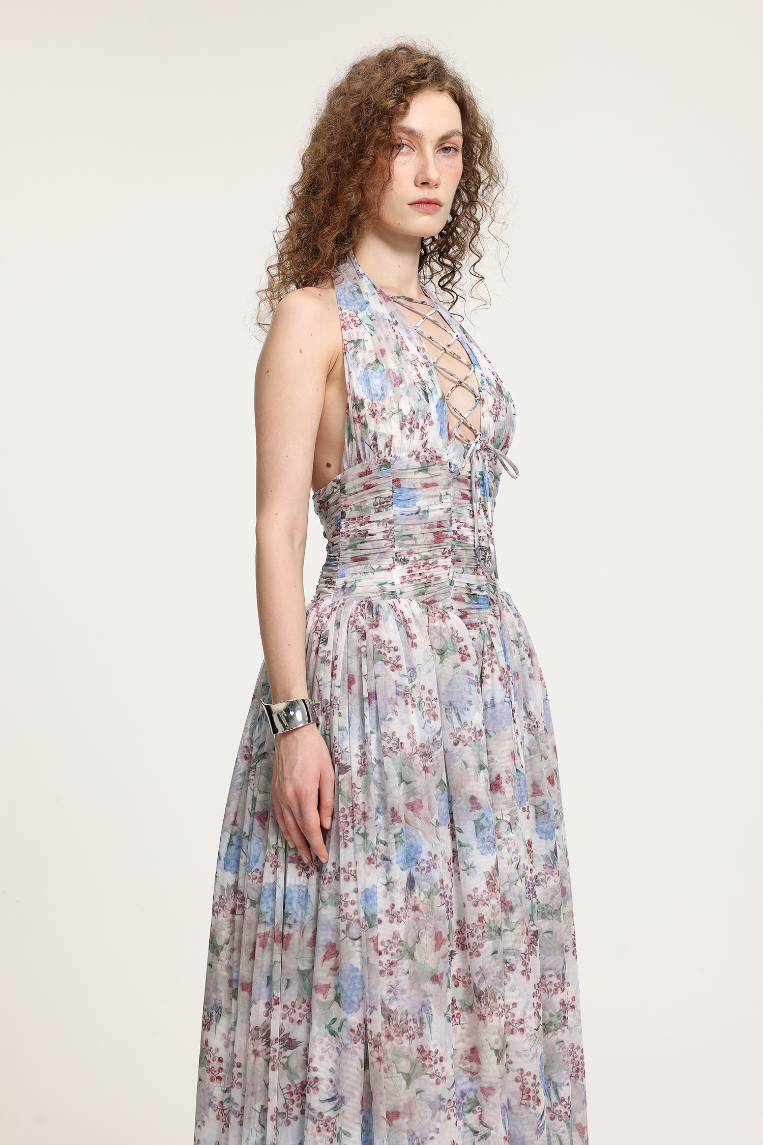 Lace-Up Halter Floral Tulle Gown