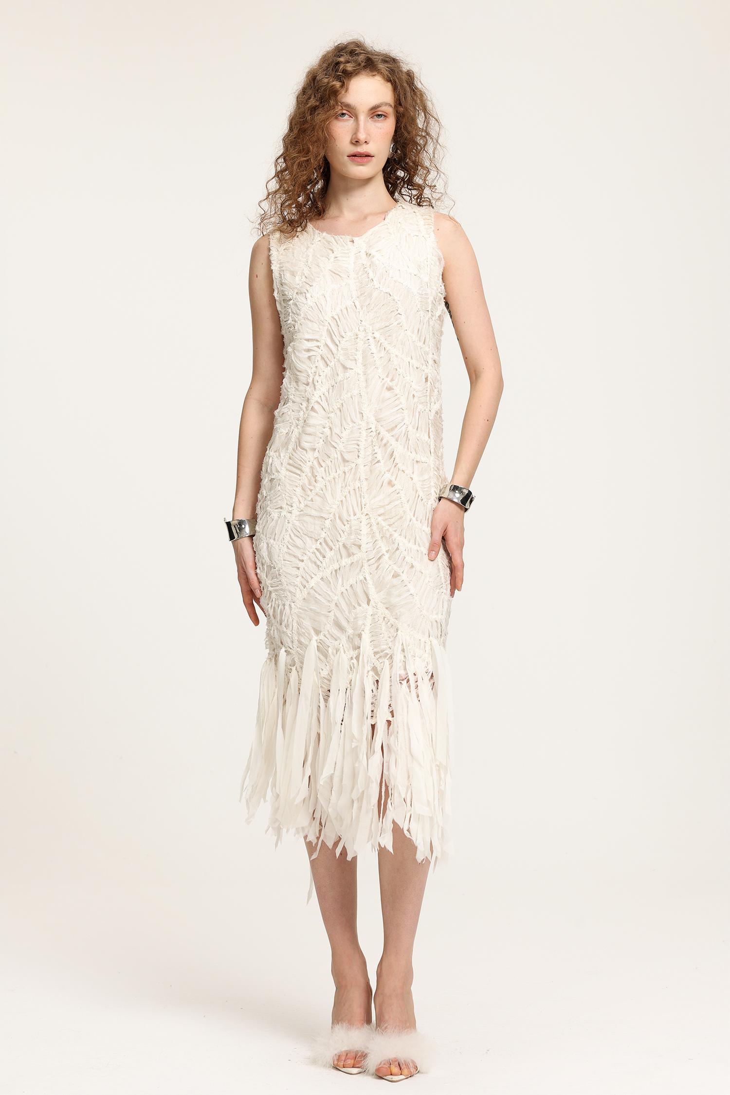 Textured Fringe Midi Dress