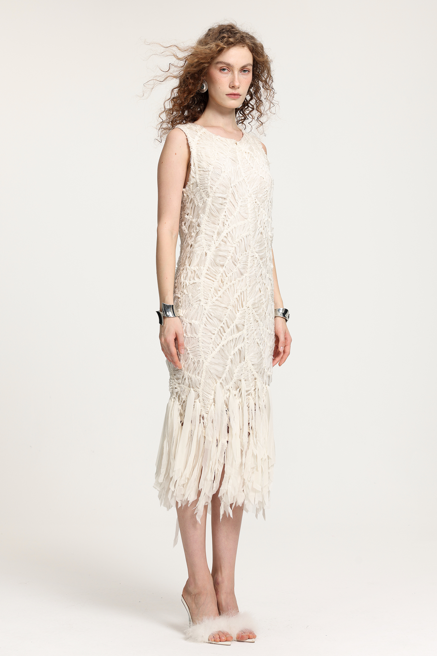 Textured Fringe Midi Dress