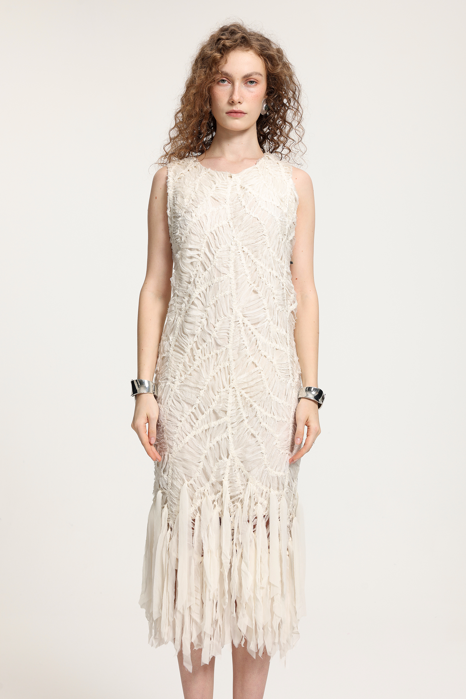 Textured Fringe Midi Dress