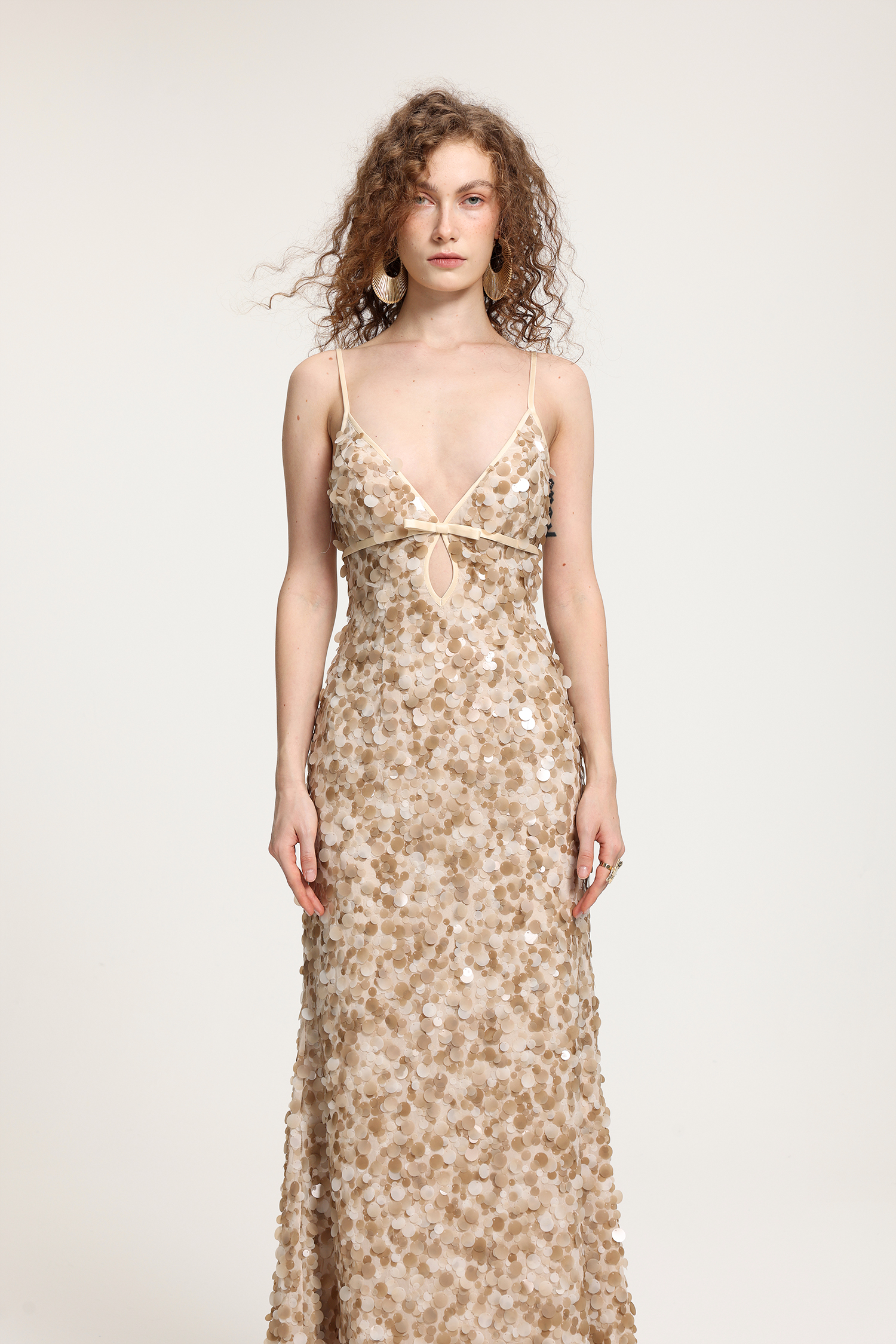 Deep V Sequin Spaghetti Strap Maxi Gown