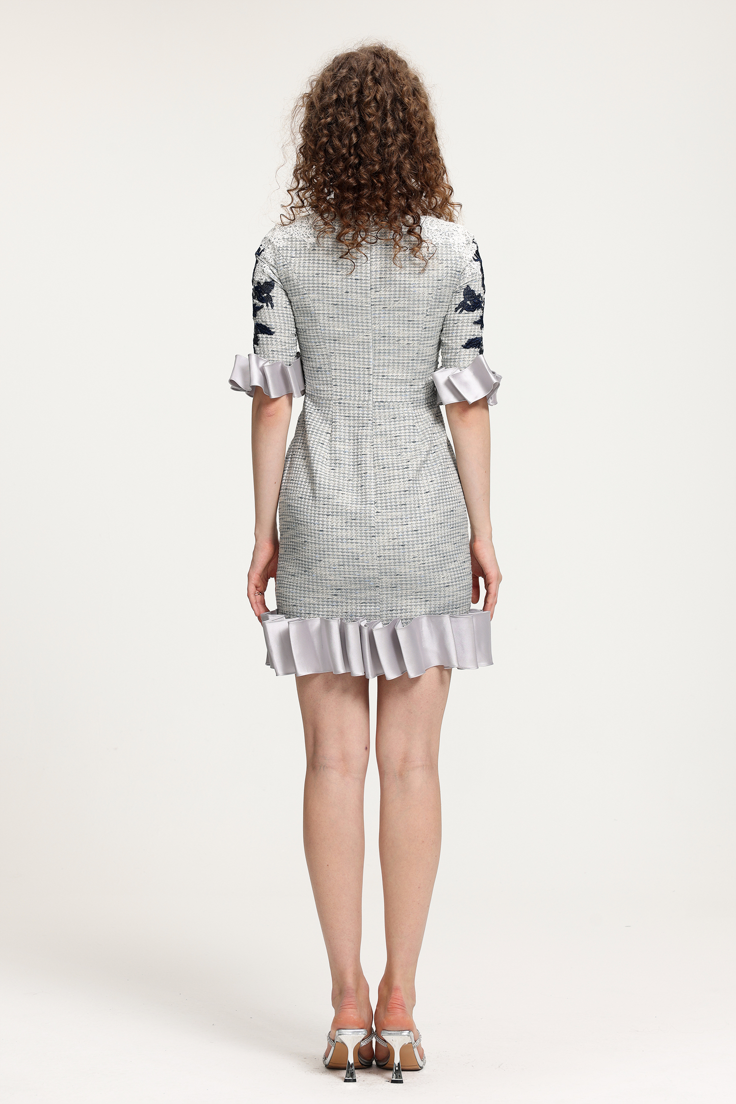 Embroidered Houndstooth Ruffled Dress