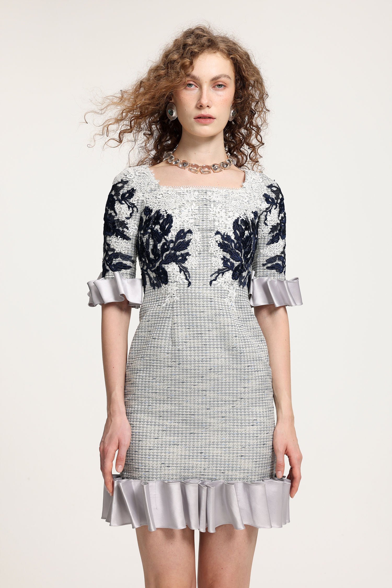 Embroidered Houndstooth Ruffled Dress