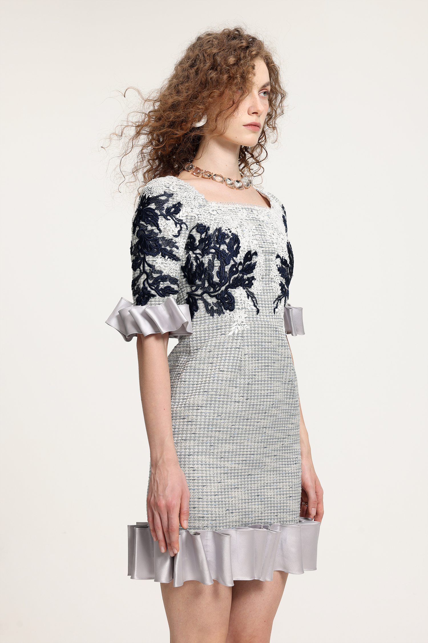 Embroidered Houndstooth Ruffled Dress