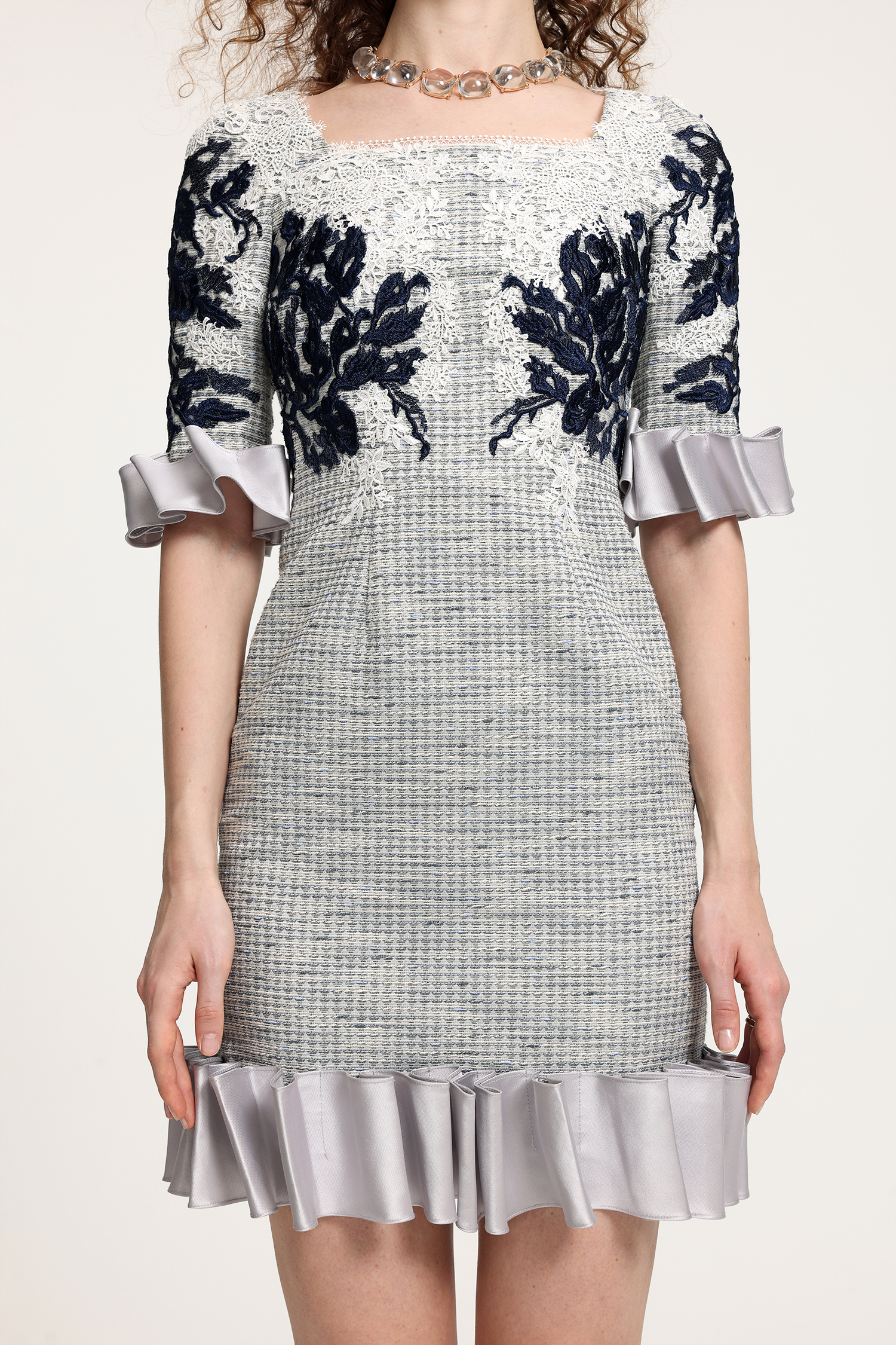 Embroidered Houndstooth Ruffled Dress