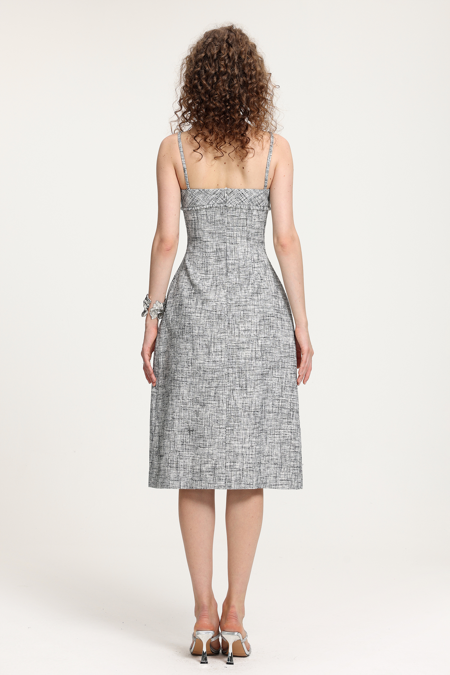 Textured Tweed Spaghetti Strap Midi Dress