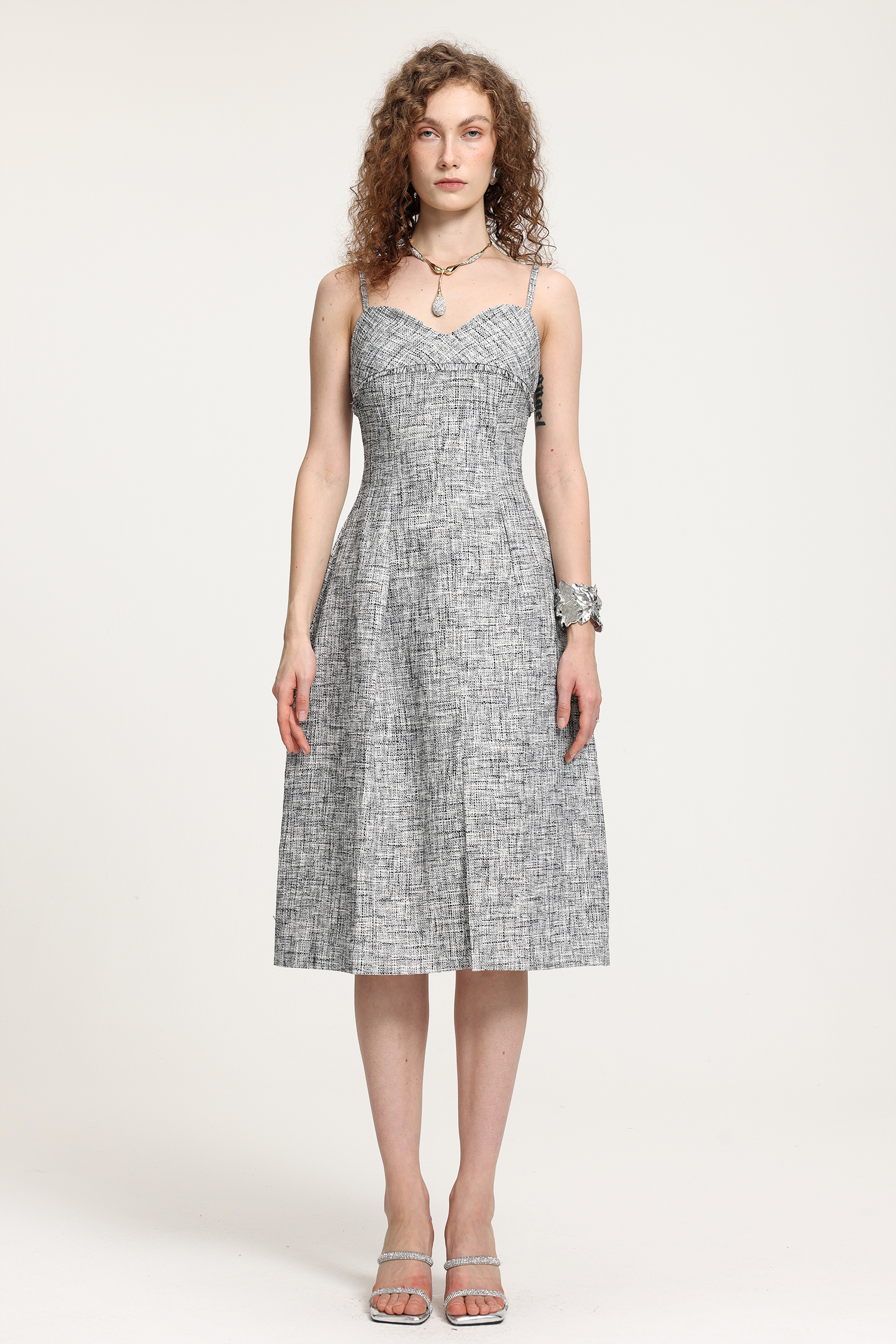 Textured Tweed Spaghetti Strap Midi Dress