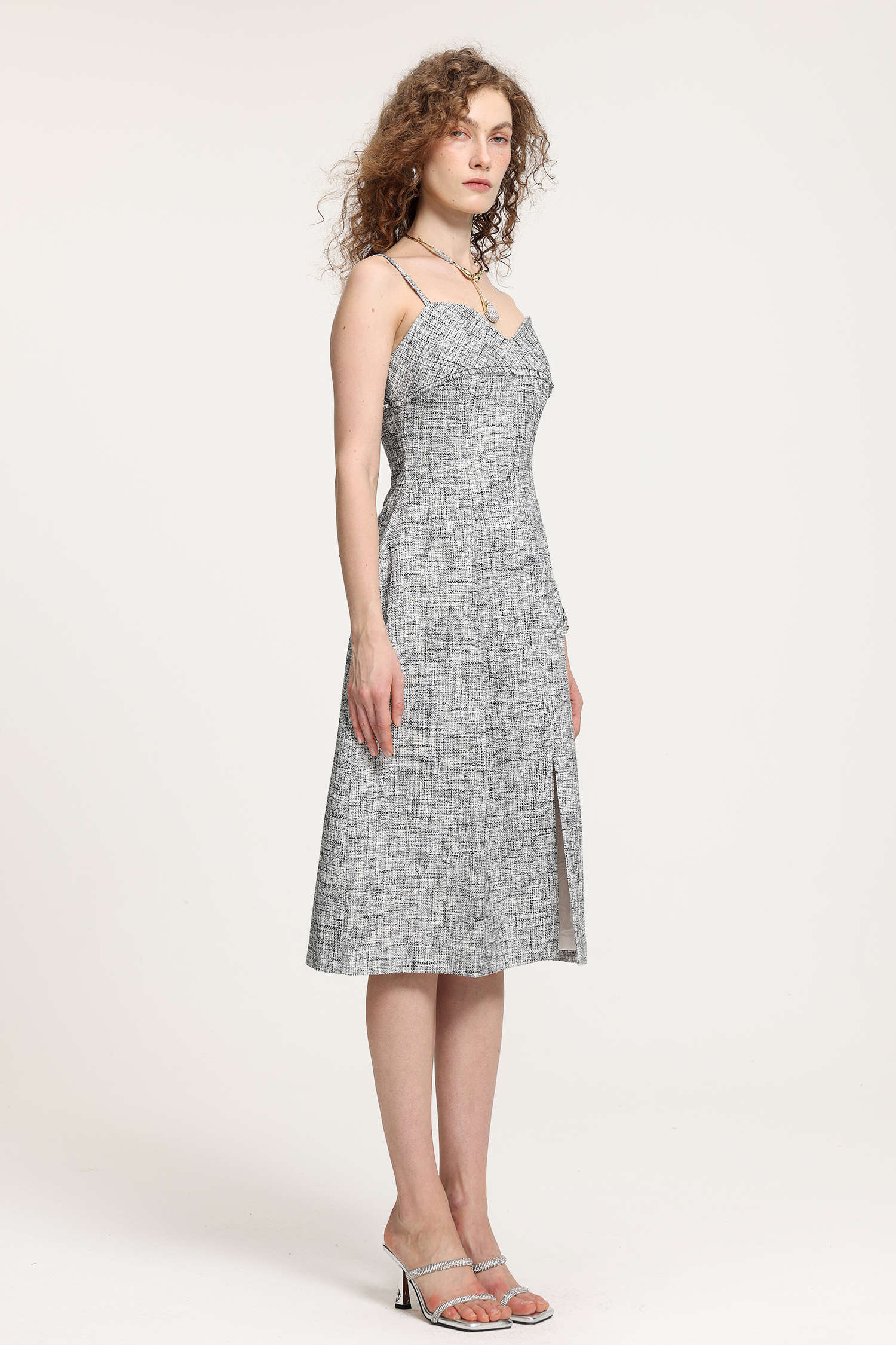 Textured Tweed Spaghetti Strap Midi Dress