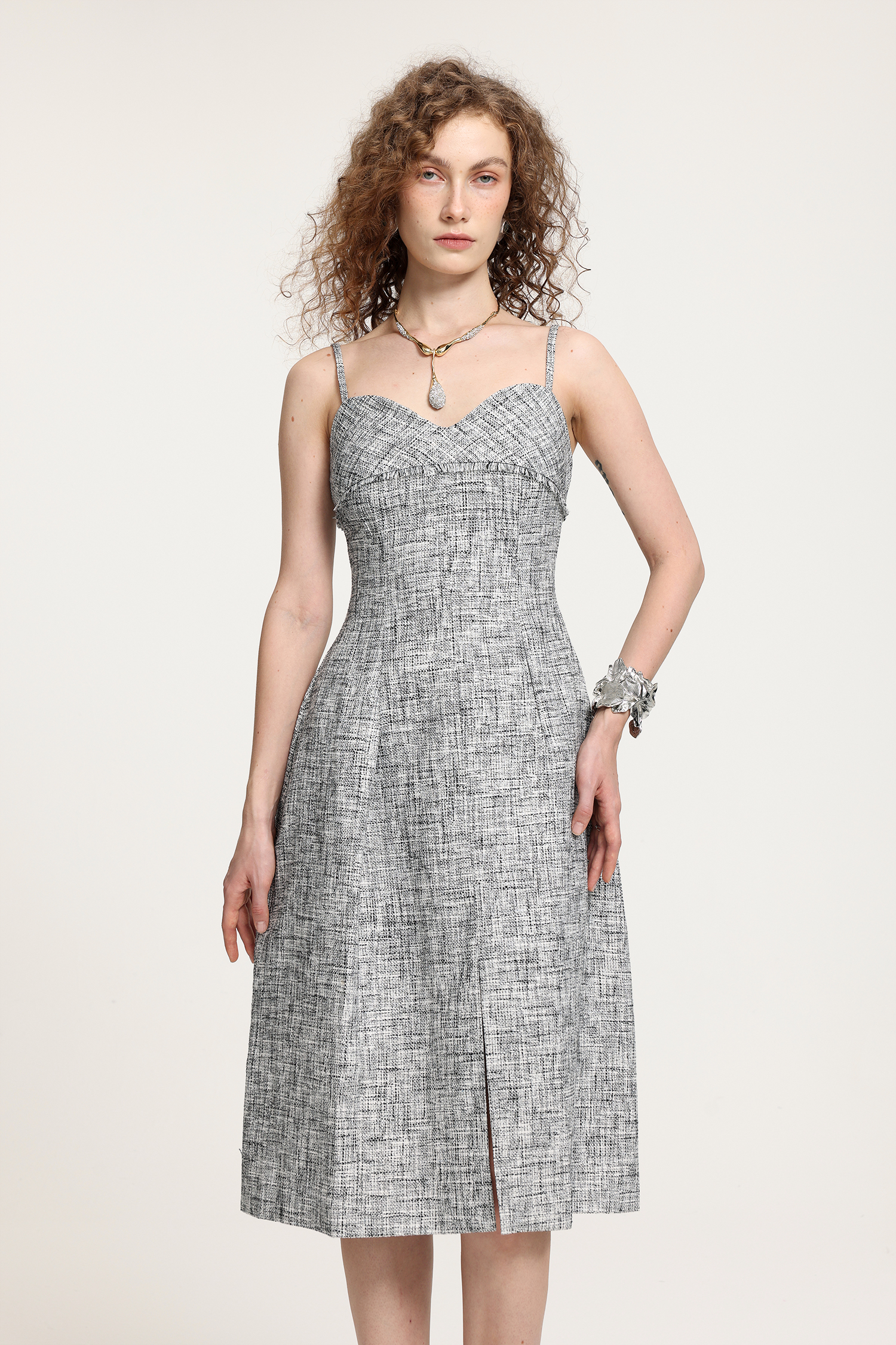 Textured Tweed Spaghetti Strap Midi Dress