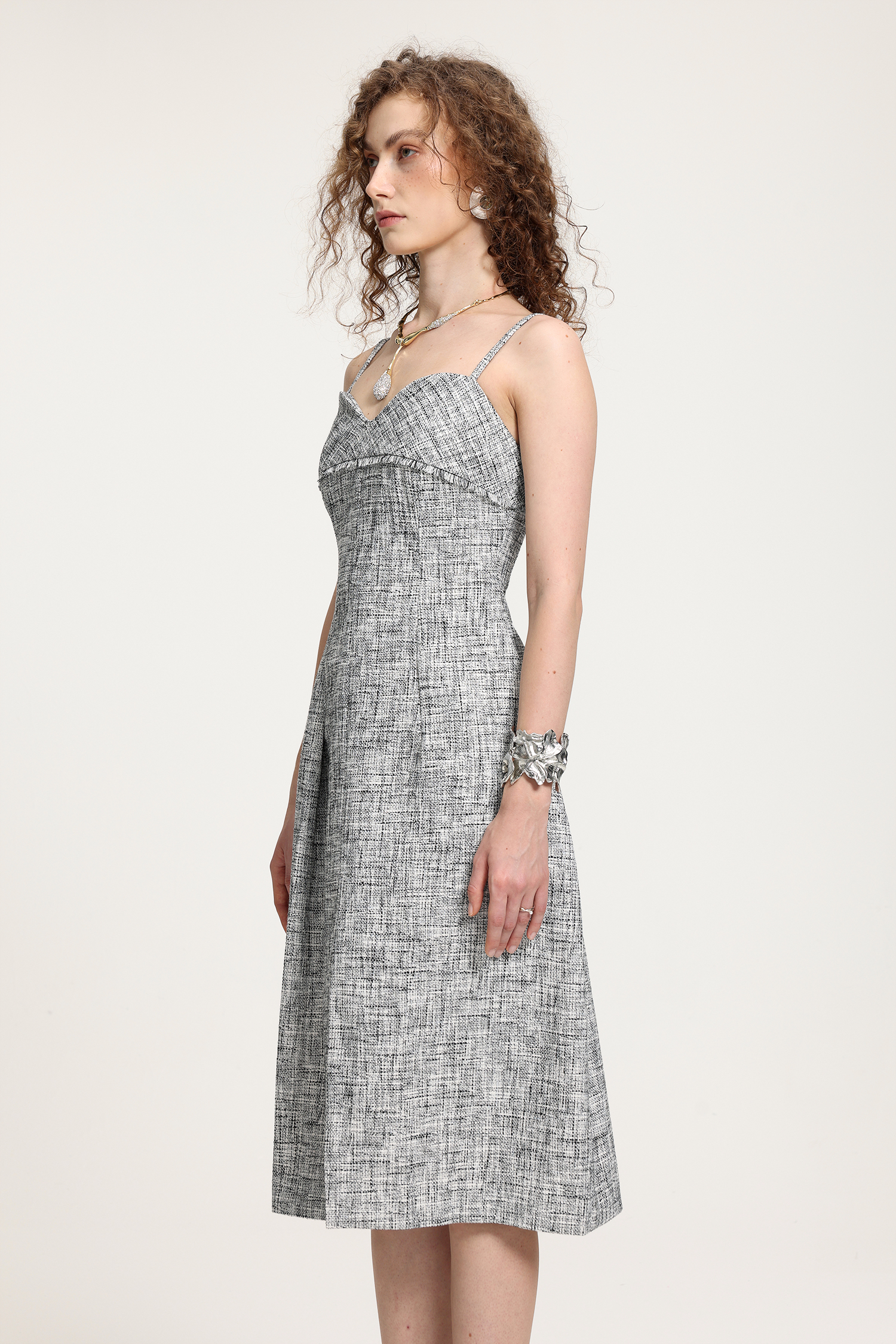 Textured Tweed Spaghetti Strap Midi Dress