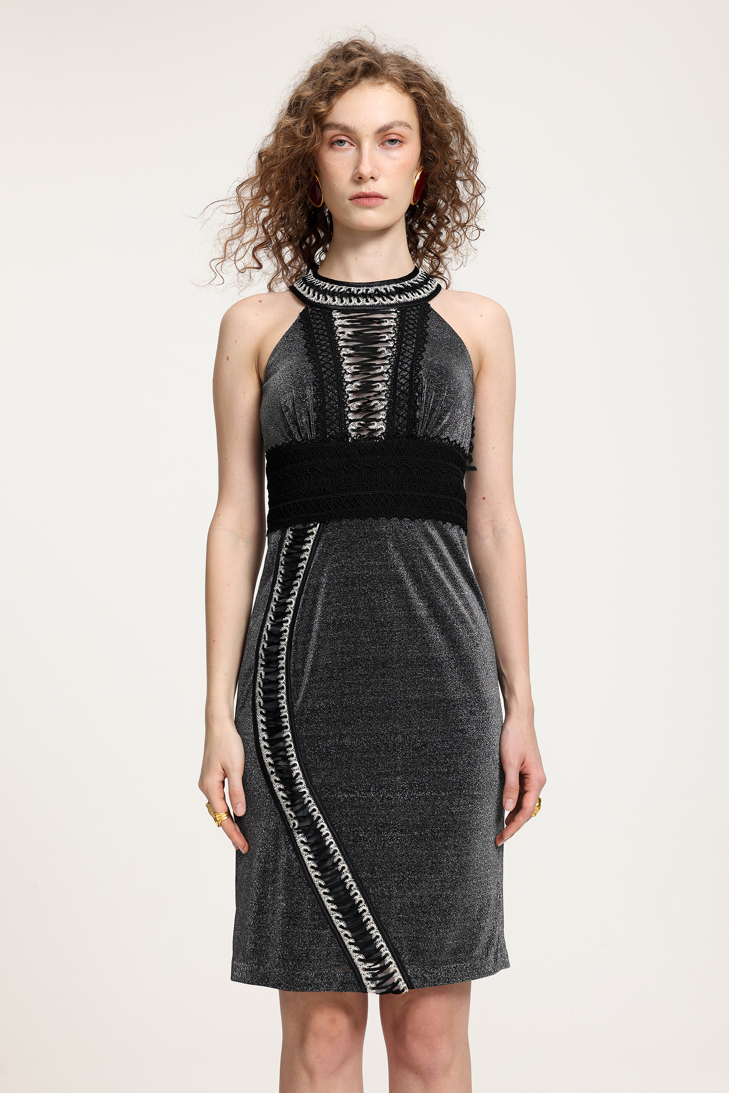 Metallic Lace-Up Holder Midi Dress