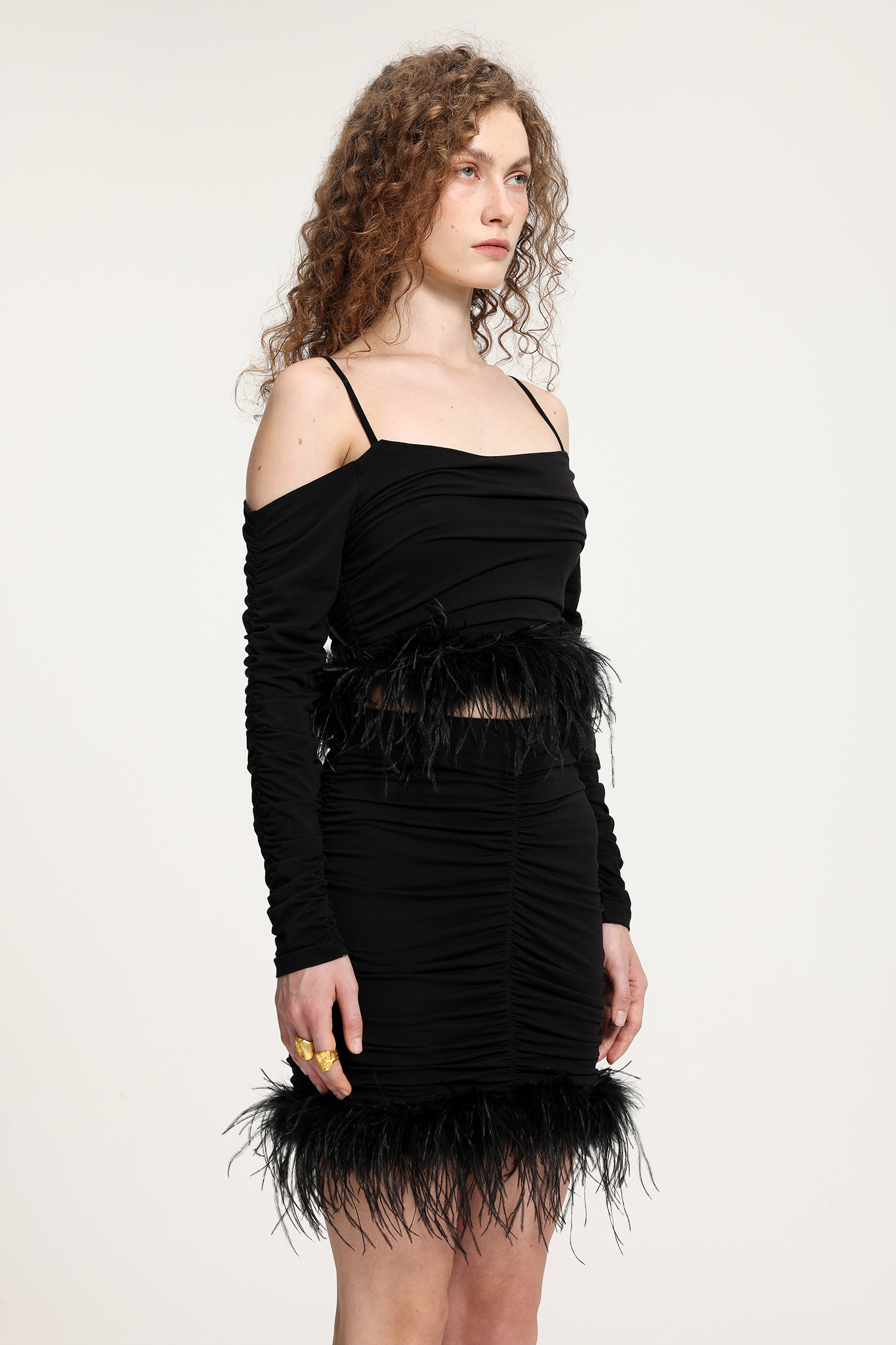 Feather-Trimmed Ruched Off-Shoulder Jersey Set