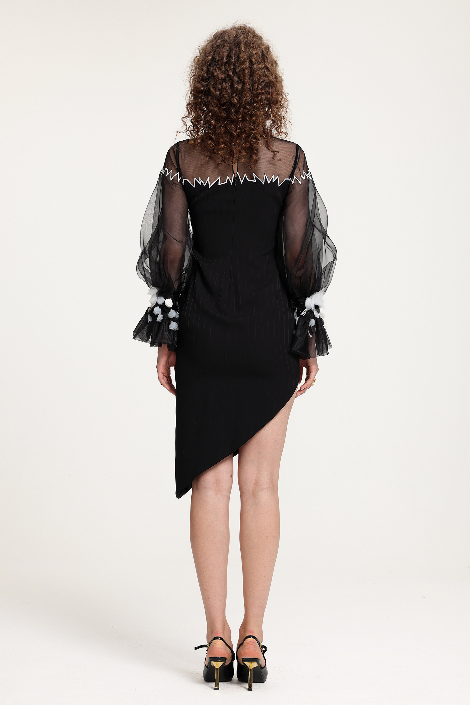 Sheer Tulle Embroidered Asymmetric Dress