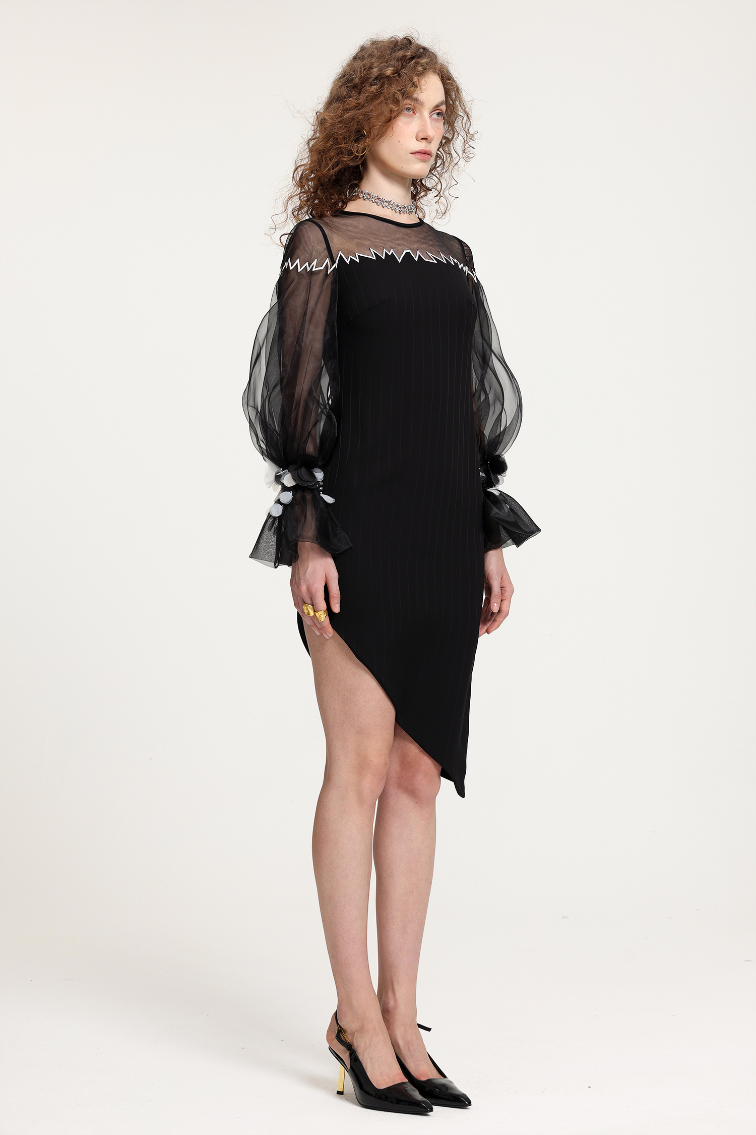 Sheer Tulle Embroidered Asymmetric Dress