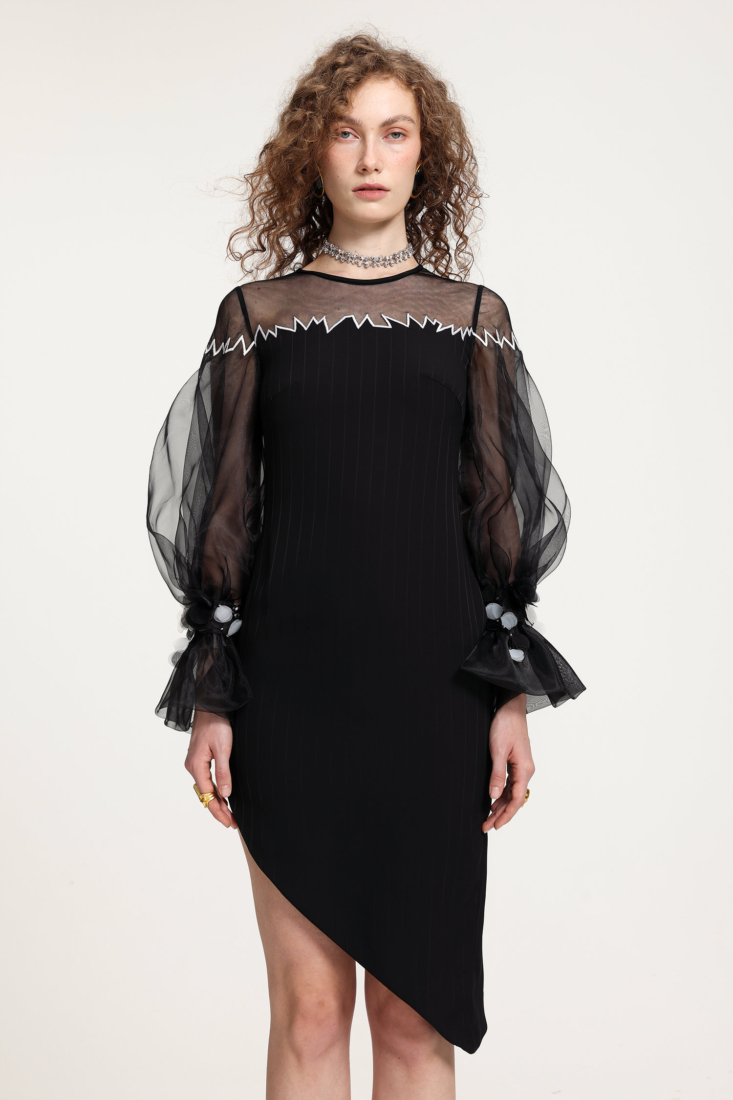 Sheer Tulle Embroidered Asymmetric Dress