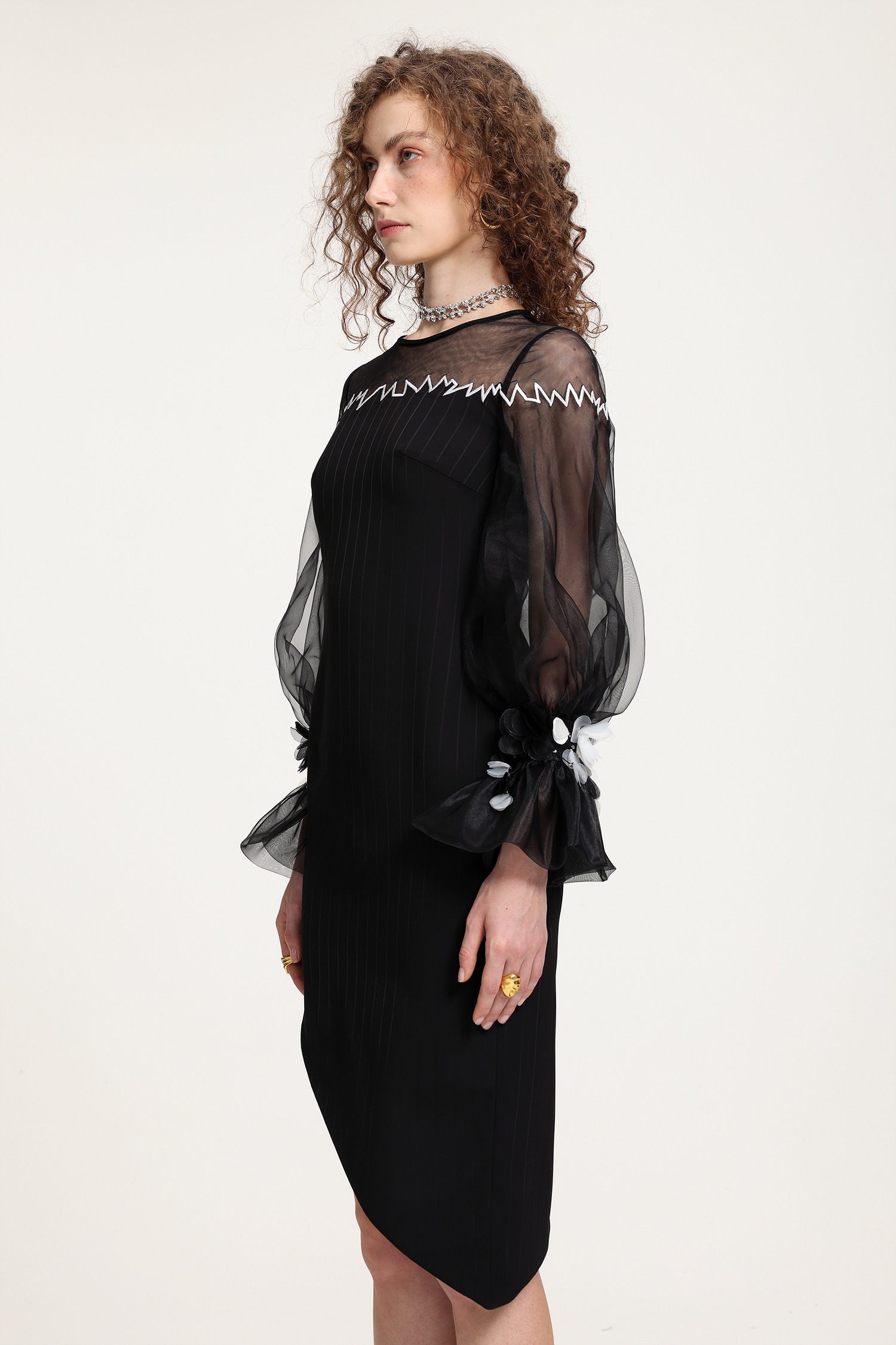 Sheer Tulle Embroidered Asymmetric Dress