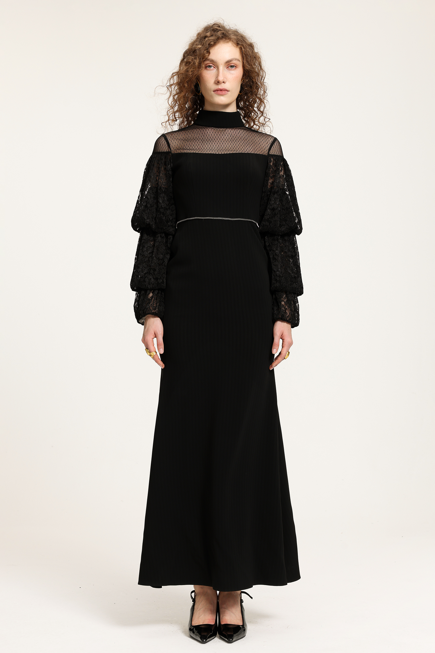 Lace Puffed Sleeve Mesh Paneled Mermaid Gown