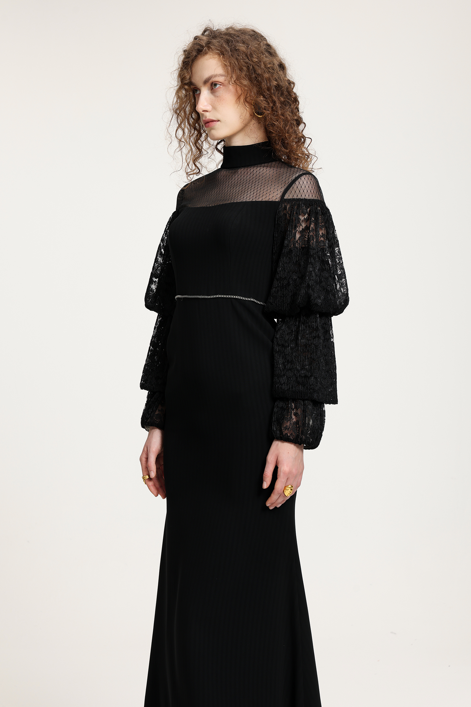 Lace Puffed Sleeve Mesh Paneled Mermaid Gown