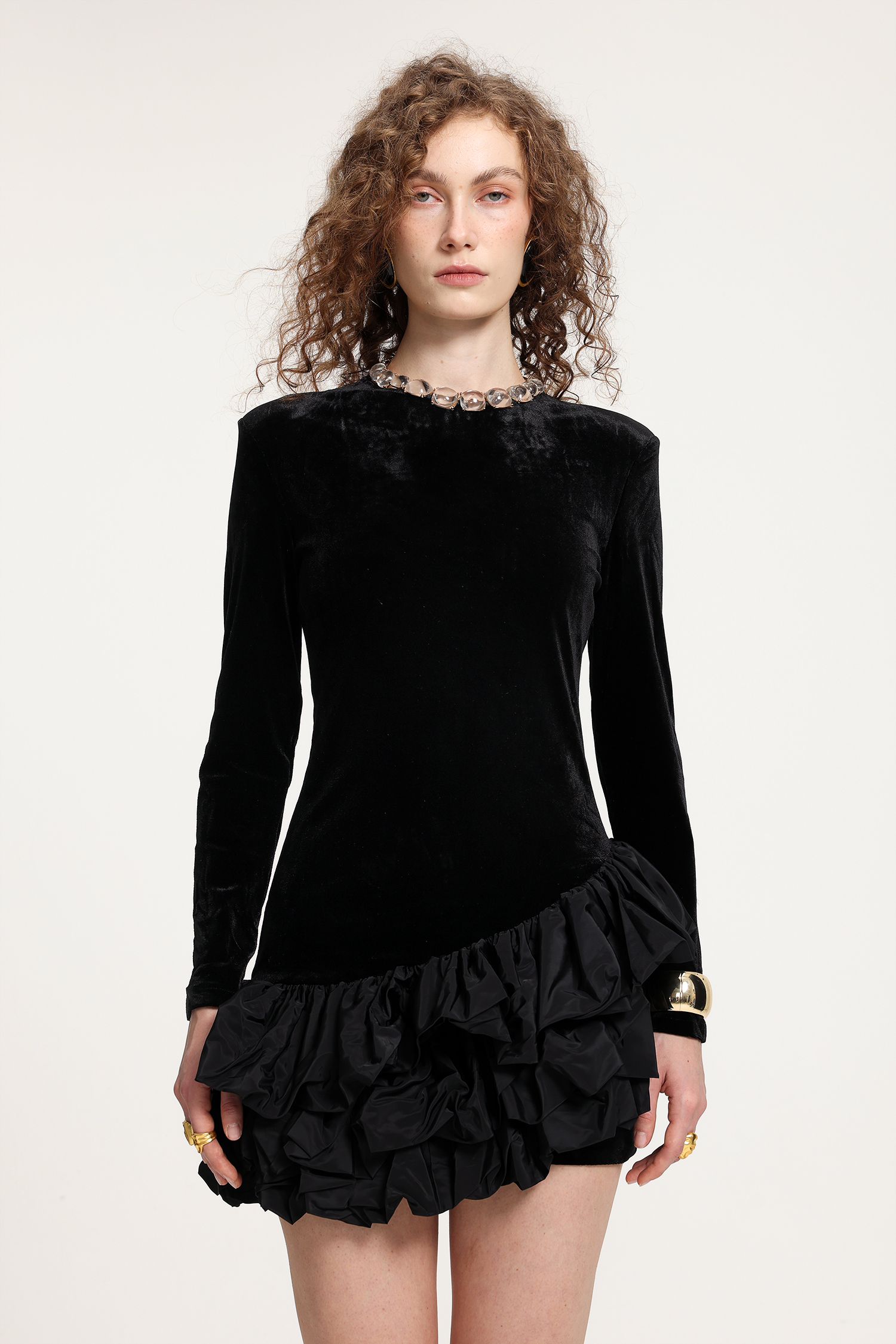 Velvet Asymmetric Ruffled Mini Dress