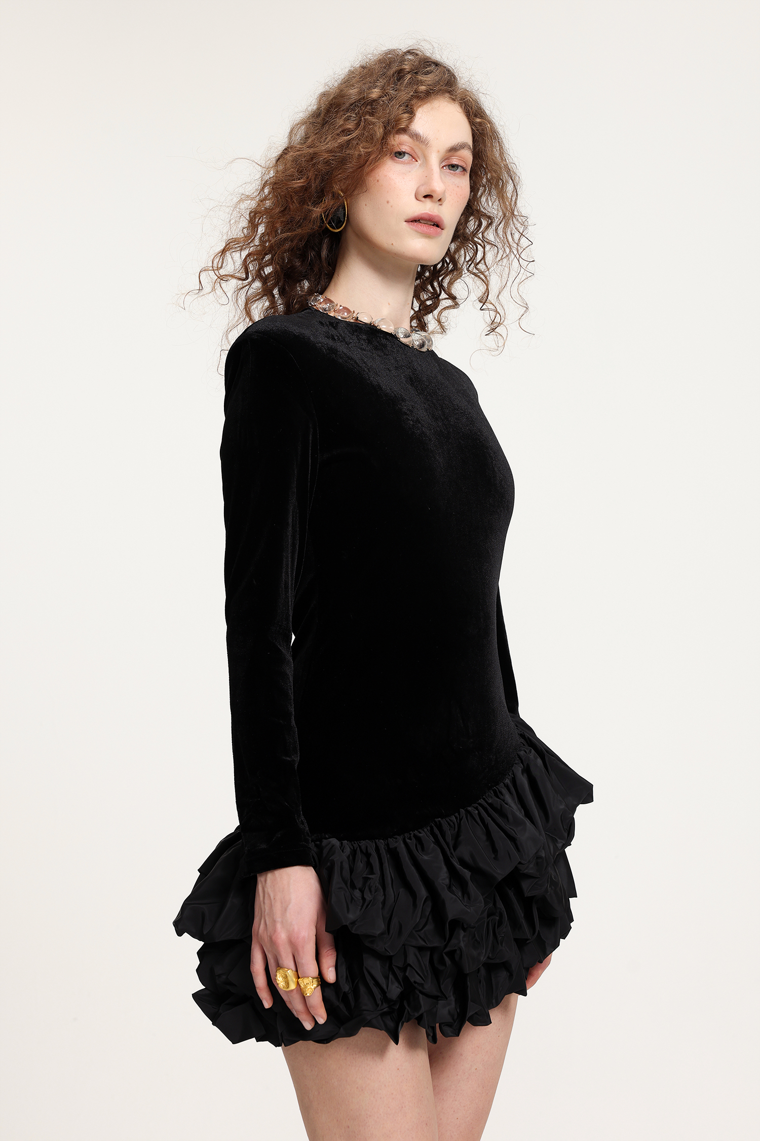 Velvet Asymmetric Ruffled Mini Dress