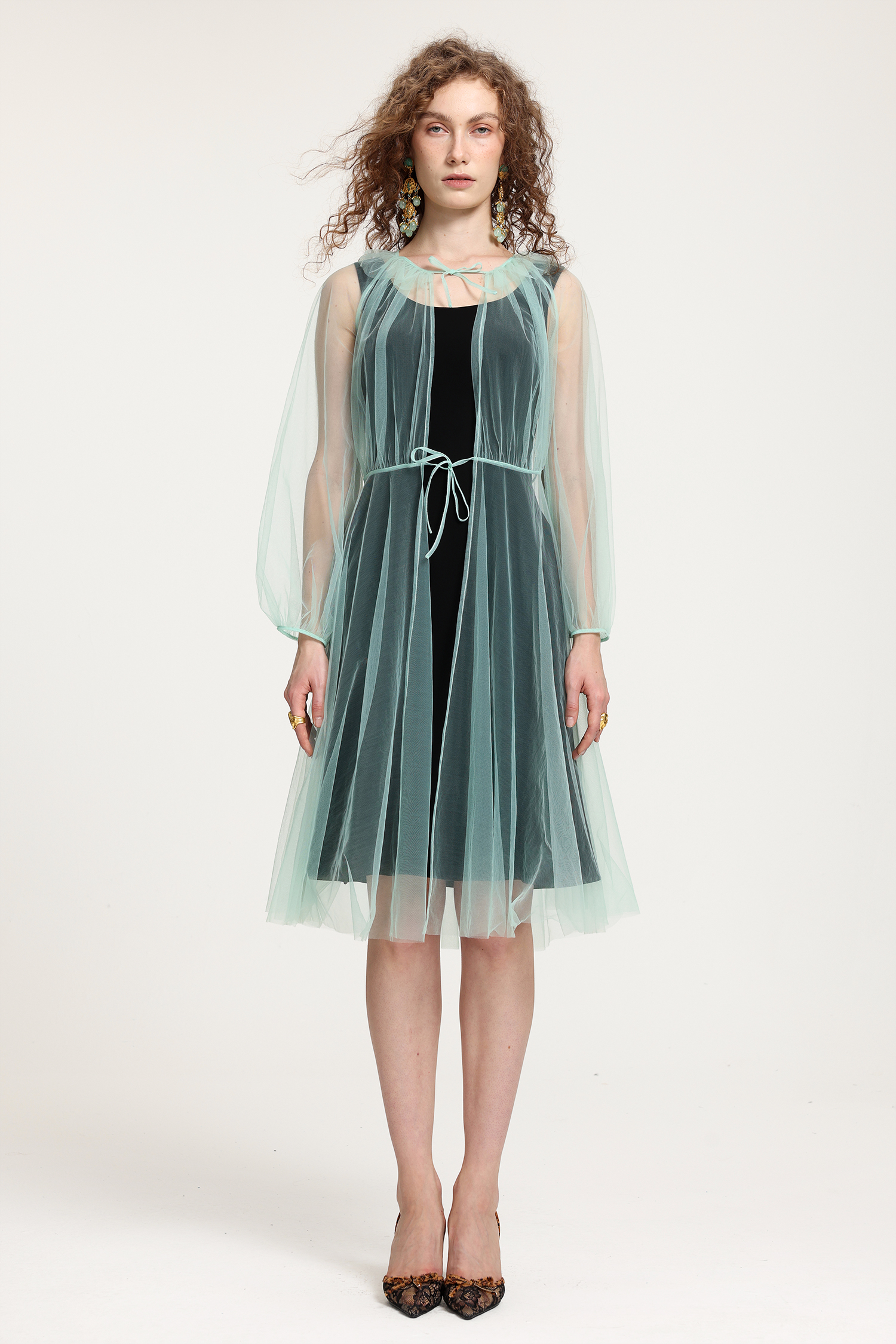 Mint Tulle Sheer Overlay Midi Dress