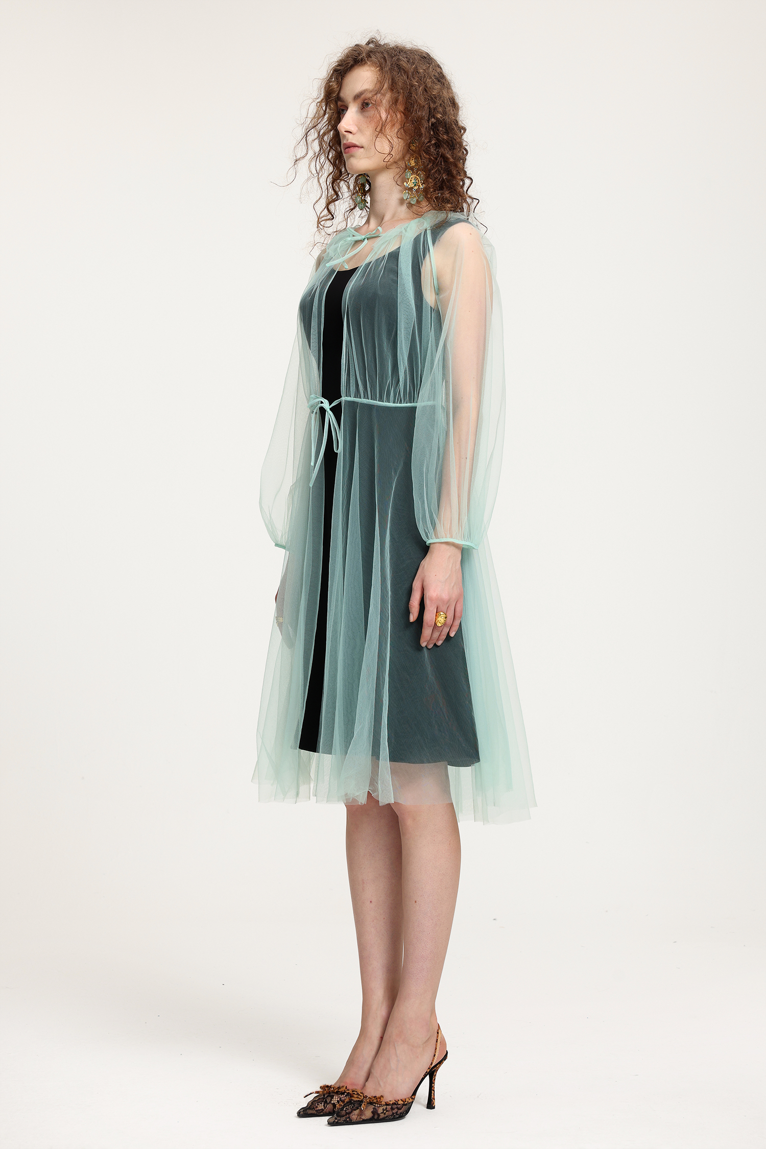 Mint Tulle Sheer Overlay Midi Dress
