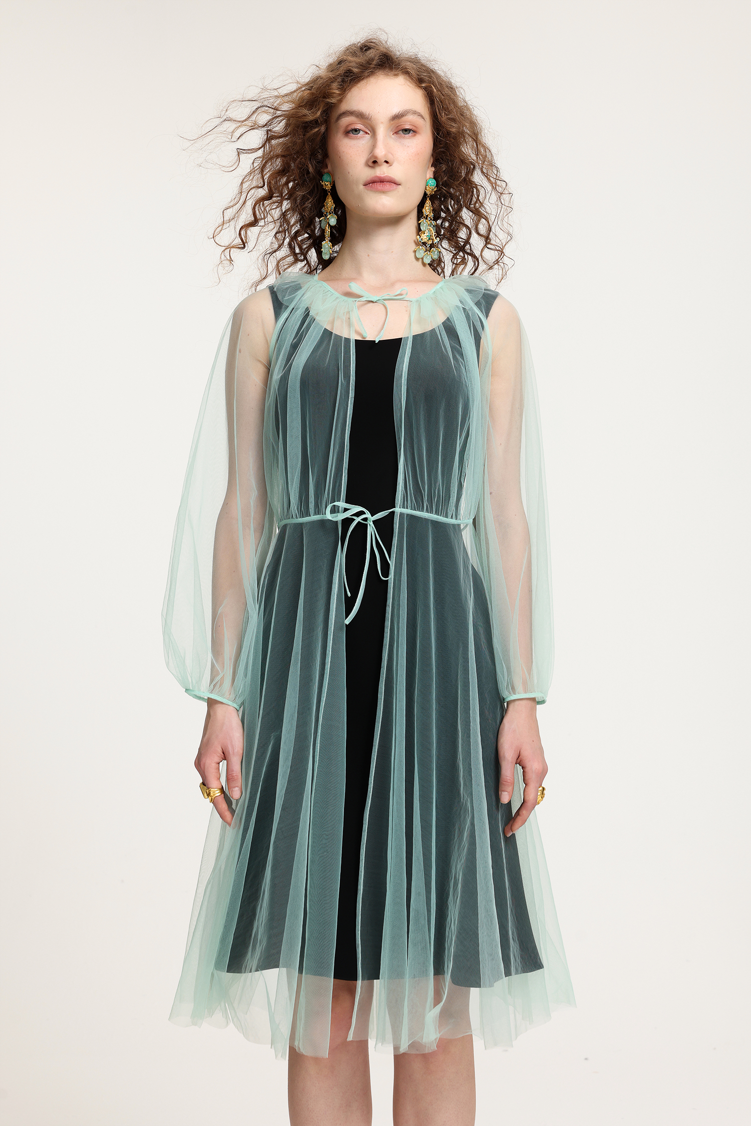 Mint Tulle Sheer Overlay Midi Dress