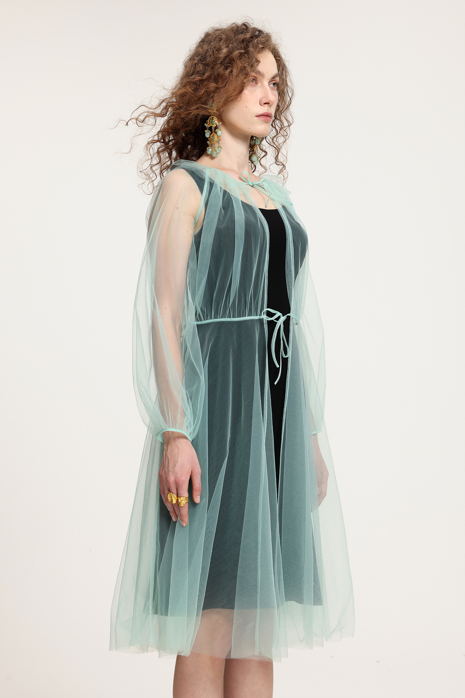 Mint Tulle Sheer Overlay Midi Dress